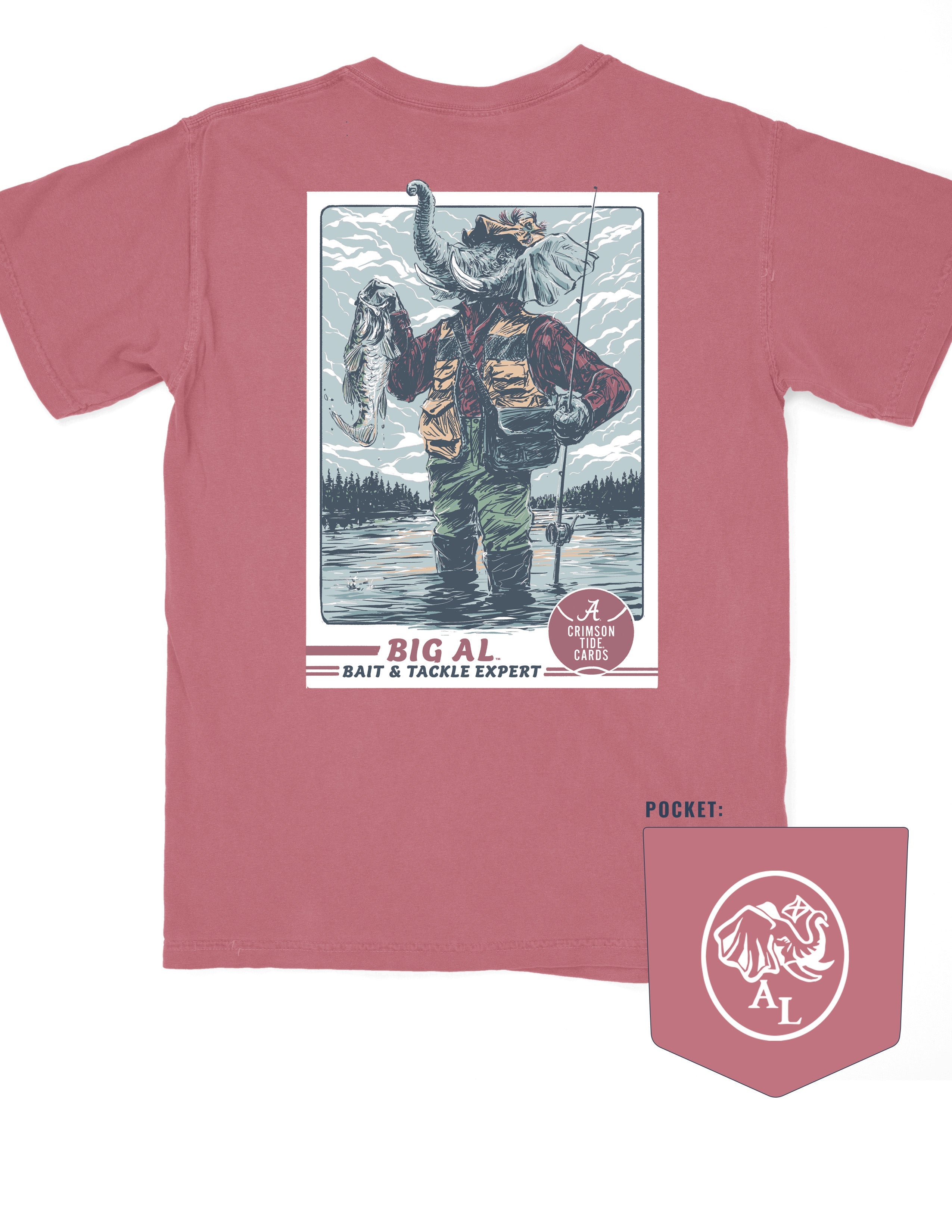 University of Alabama Big Al Fishing Comfort Colors Red T-Shirt with image of Big Al standing in the water holding a fishing pole