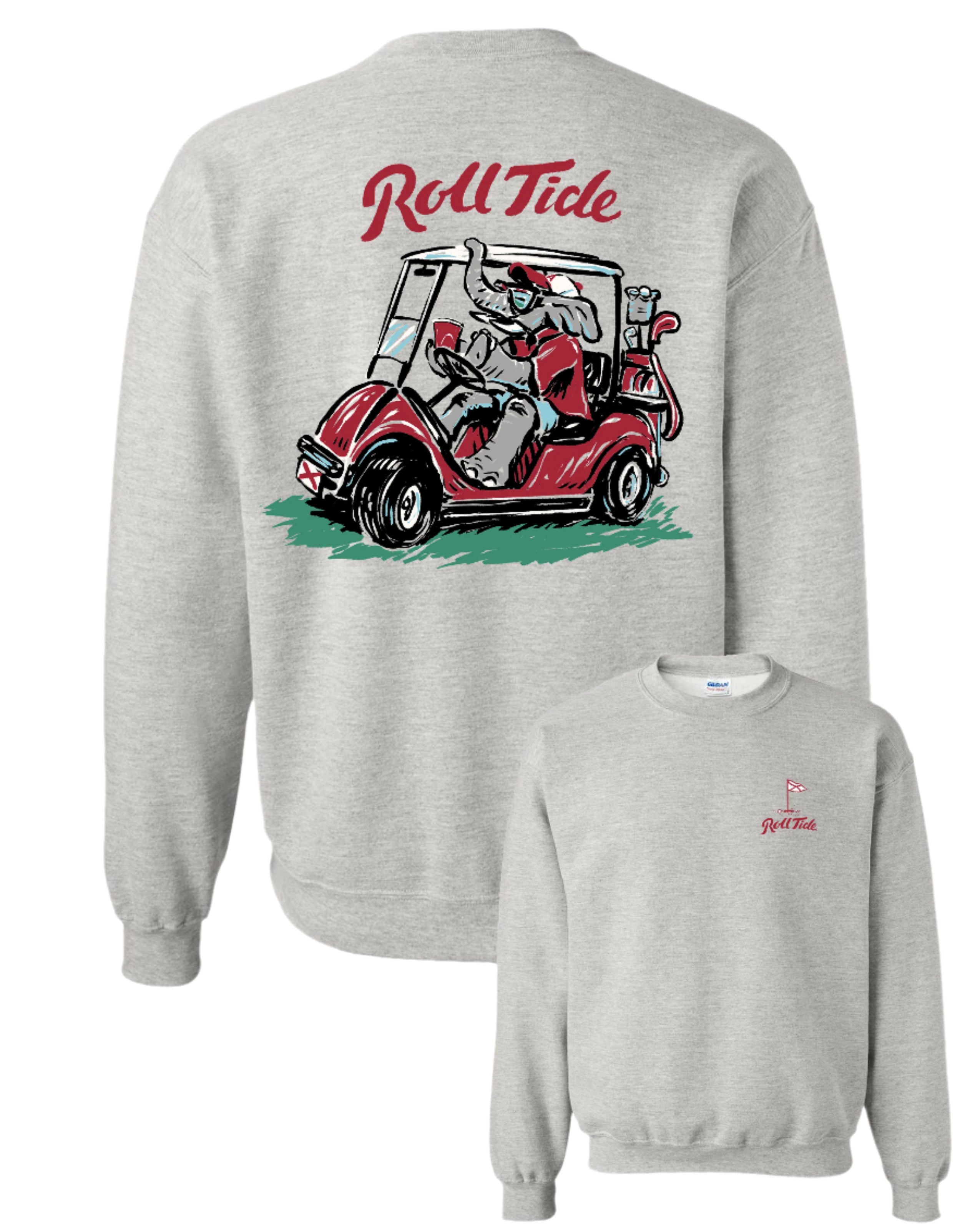 University of Alabama Big Al Golf Cart Grey Gildan Sweatshirt with the text "Roll Tide" above an image of Big Al wearing sunglasses and driving a golf cart