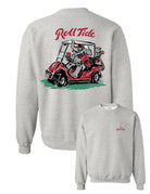 University of Alabama Big Al Golf Cart Grey Gildan Sweatshirt with the text "Roll Tide" above an image of Big Al wearing sunglasses and driving a golf cart