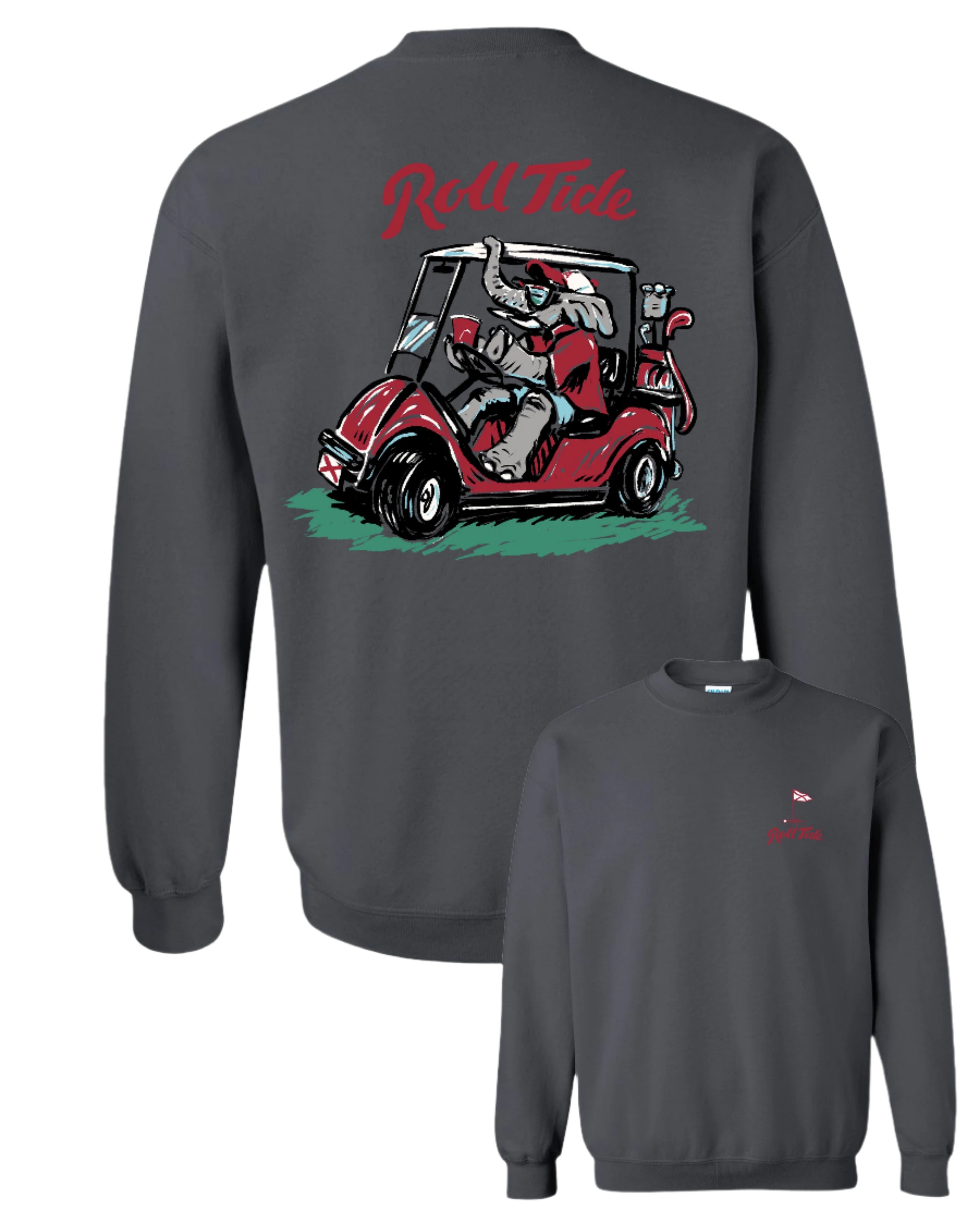 University of Alabama Big Al Golf Cart Charcoal Gildan Sweatshirt with the text "Roll Tide" above an image of Big Al wearing sunglasses and driving a golf cart