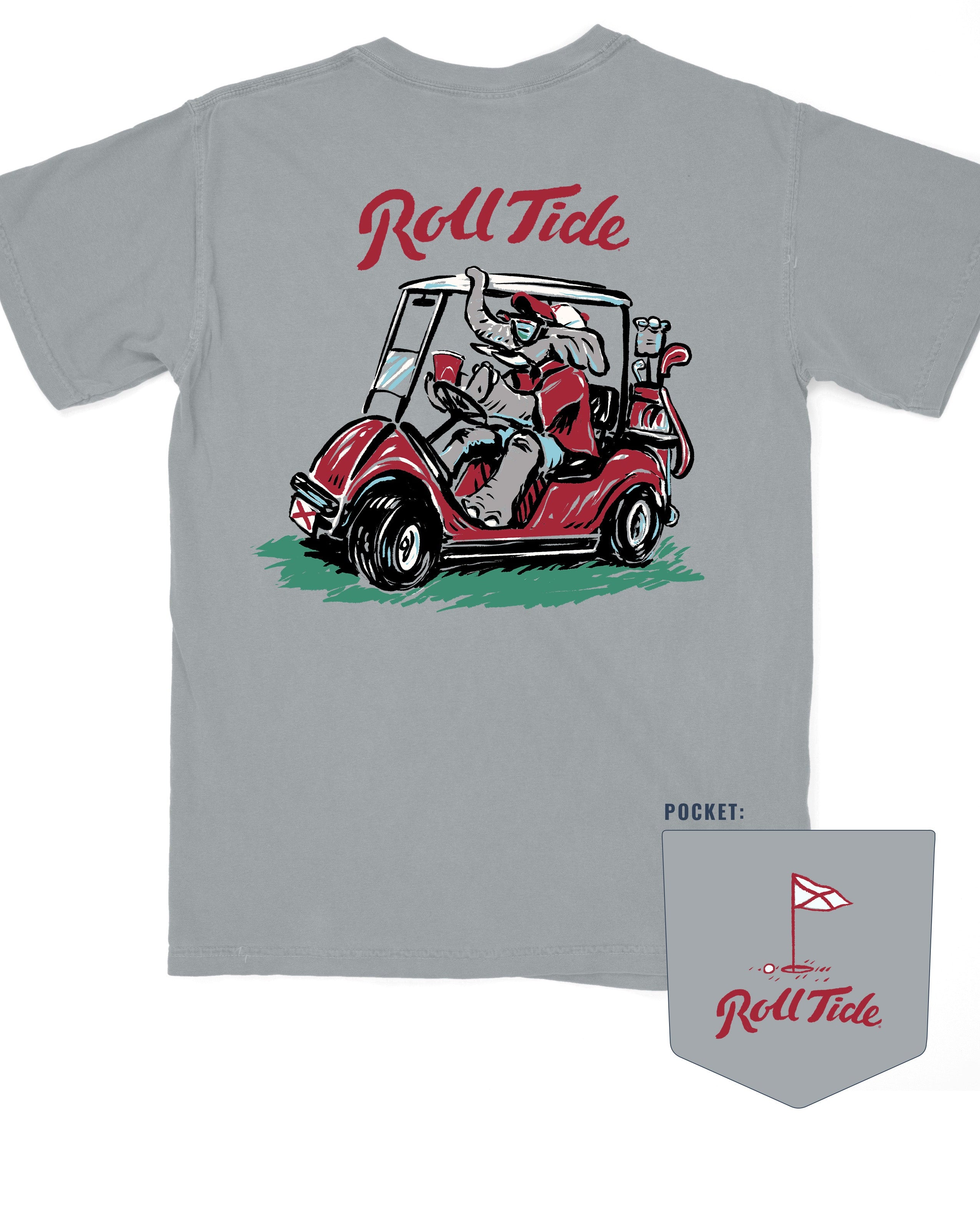 University of Alabama Big Al Golf Cart Grey Comfort Colors -Shirt with the text "Roll Tide" above an image of Big Al wearing sunglasses and driving a golf cart