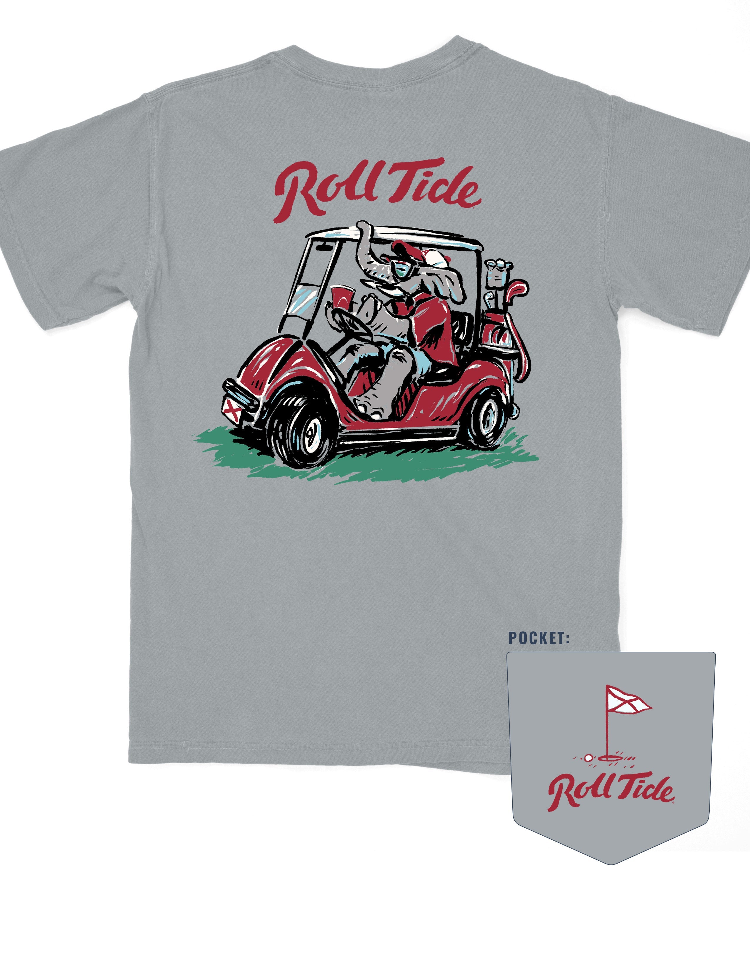 University of Alabama Big Al Golf Cart Grey Comfort Colors -Shirt with the text "Roll Tide" above an image of Big Al wearing sunglasses and driving a golf cart
