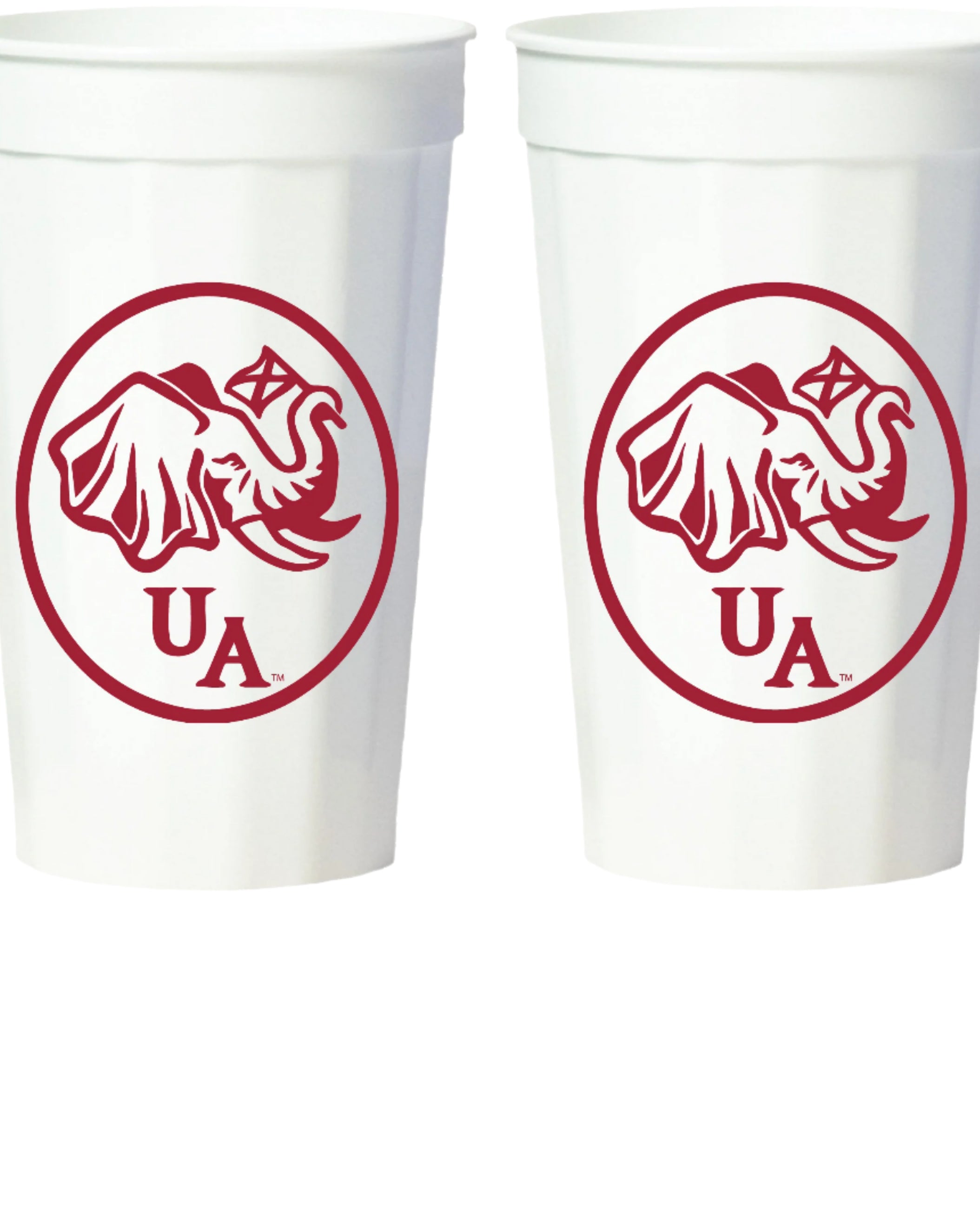 University of Alabama White Stadium Cup with an image of an elephant holding an Alabama State flag above the letters "UA"