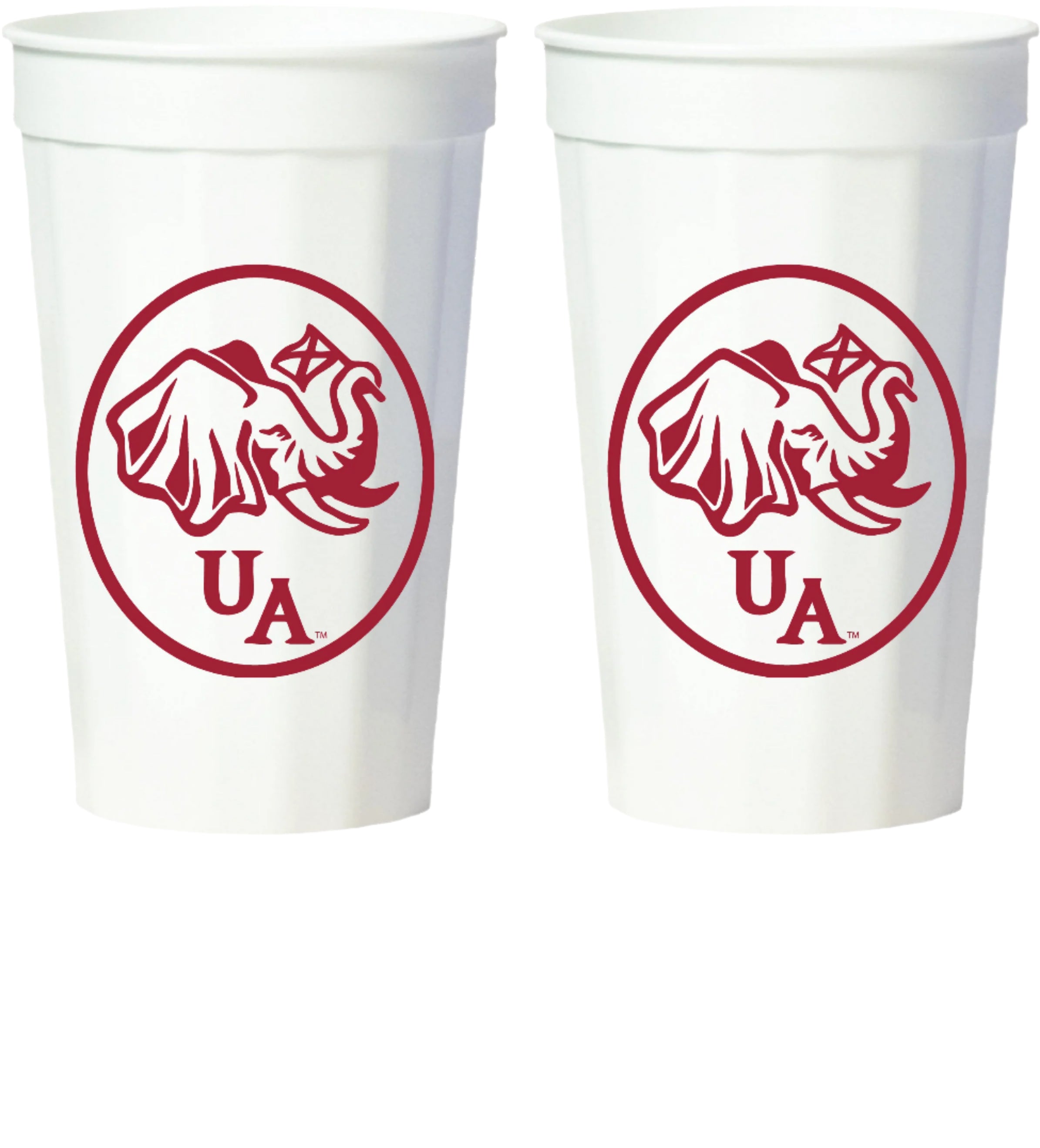 University of Alabama White Stadium Cup with an image of an elephant holding an Alabama State flag above the letters "UA"