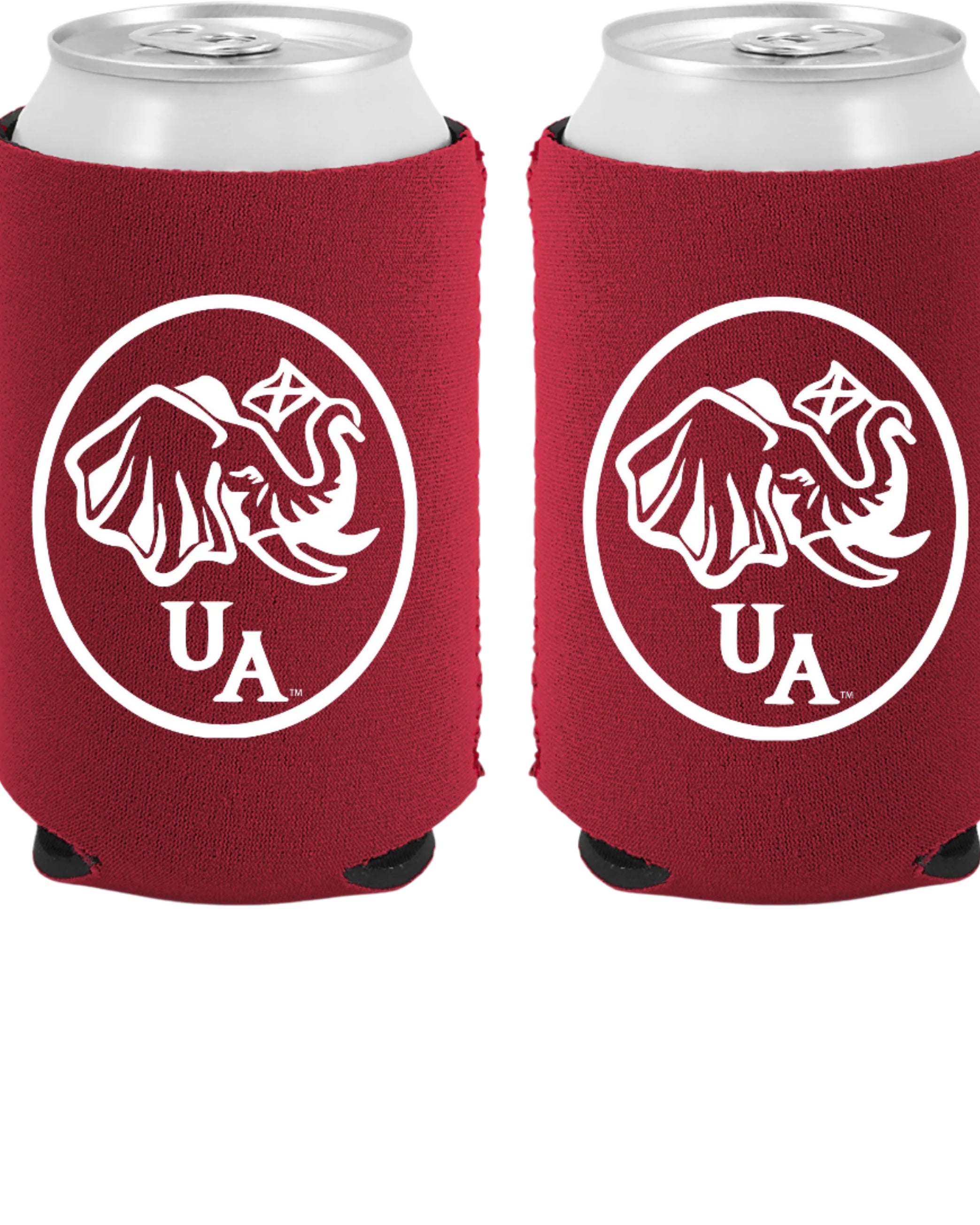 University of Alabama White Neoprene Koozie with an image of an elephant holding an Alabama State flag above the letters "UA"