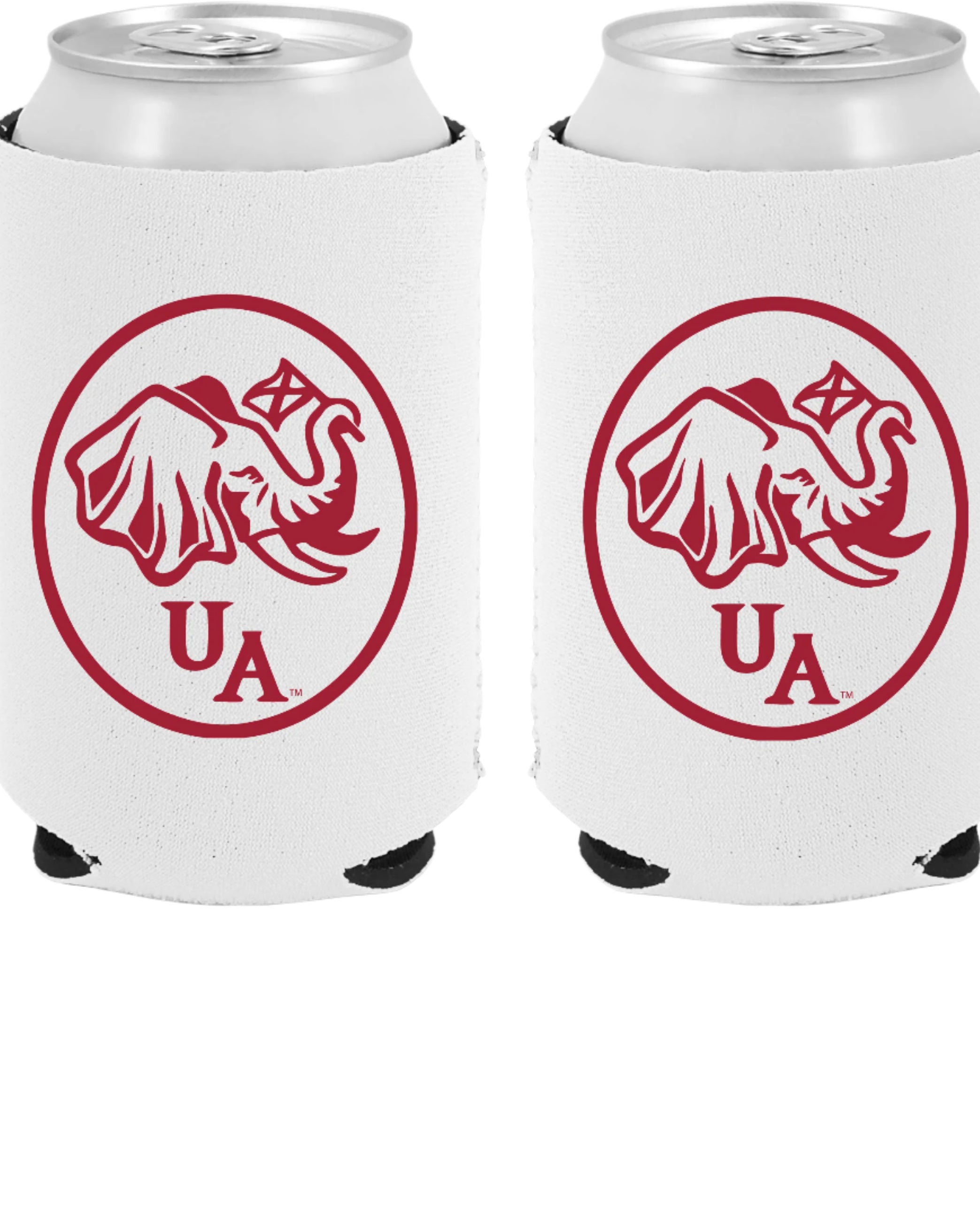 University of Alabama White Neoprene Koozie with an image of an elephant holding an Alabama State flag above the letters "UA"