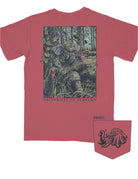 University of Alabama Big Al Turkey Call Comfort Colors Bay with an image of Big Al wearing hunting gear and sitting next to turkeys