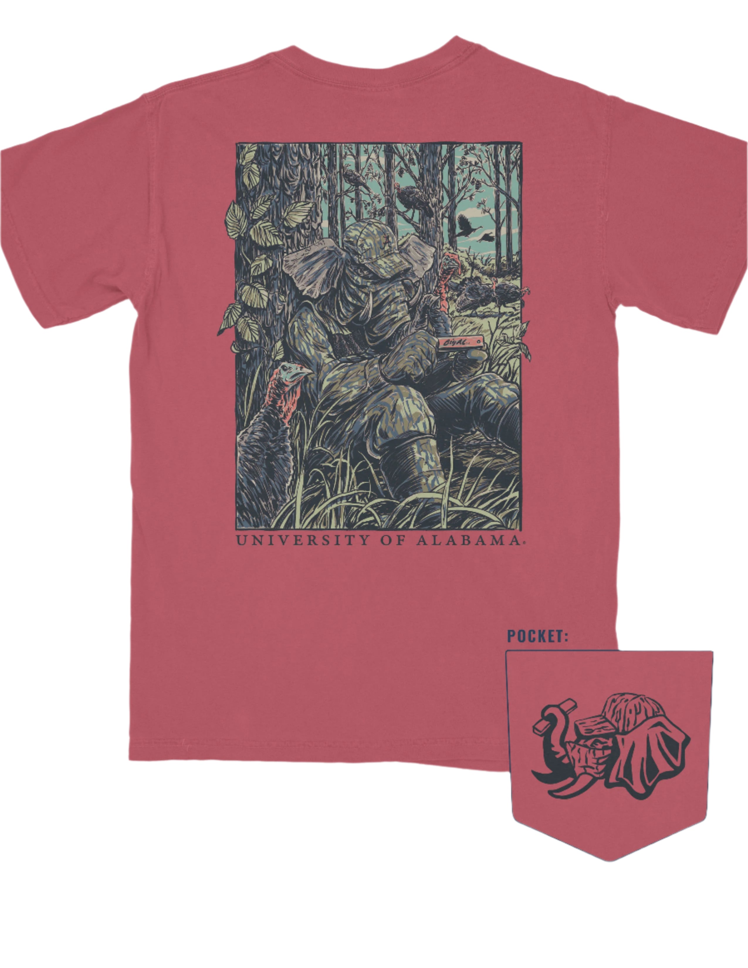 University of Alabama Big Al Turkey Call Comfort Colors Bay with an image of Big Al wearing hunting gear and sitting next to turkeys