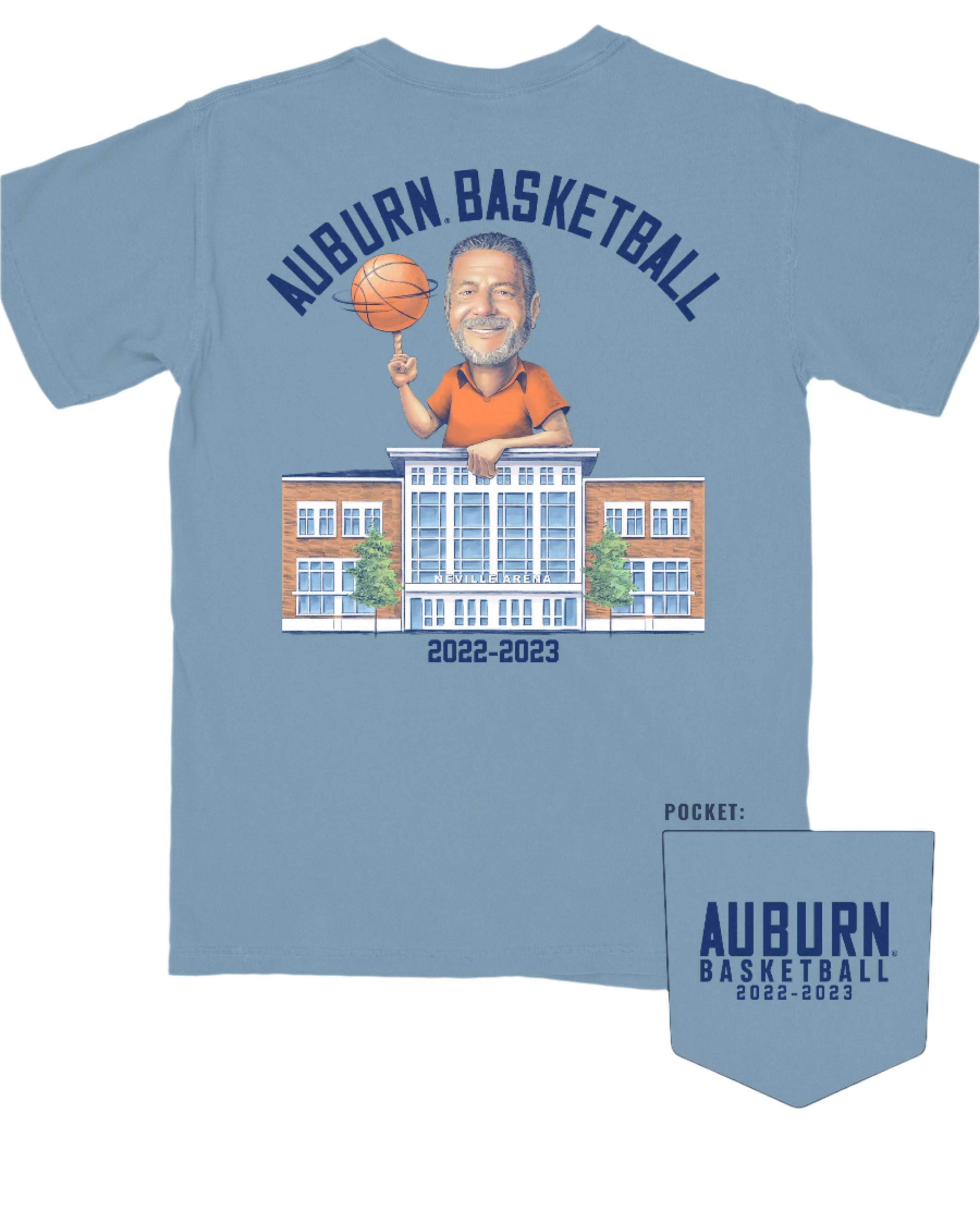 Auburn University Blue Bruce Pearl 2023 Comfort Colors T-Shirt with Navy text "Auburn Basketball" above an image of Auburn Basketball Coach Bruce Pearl spinning a basketball and leaning on the basketball building