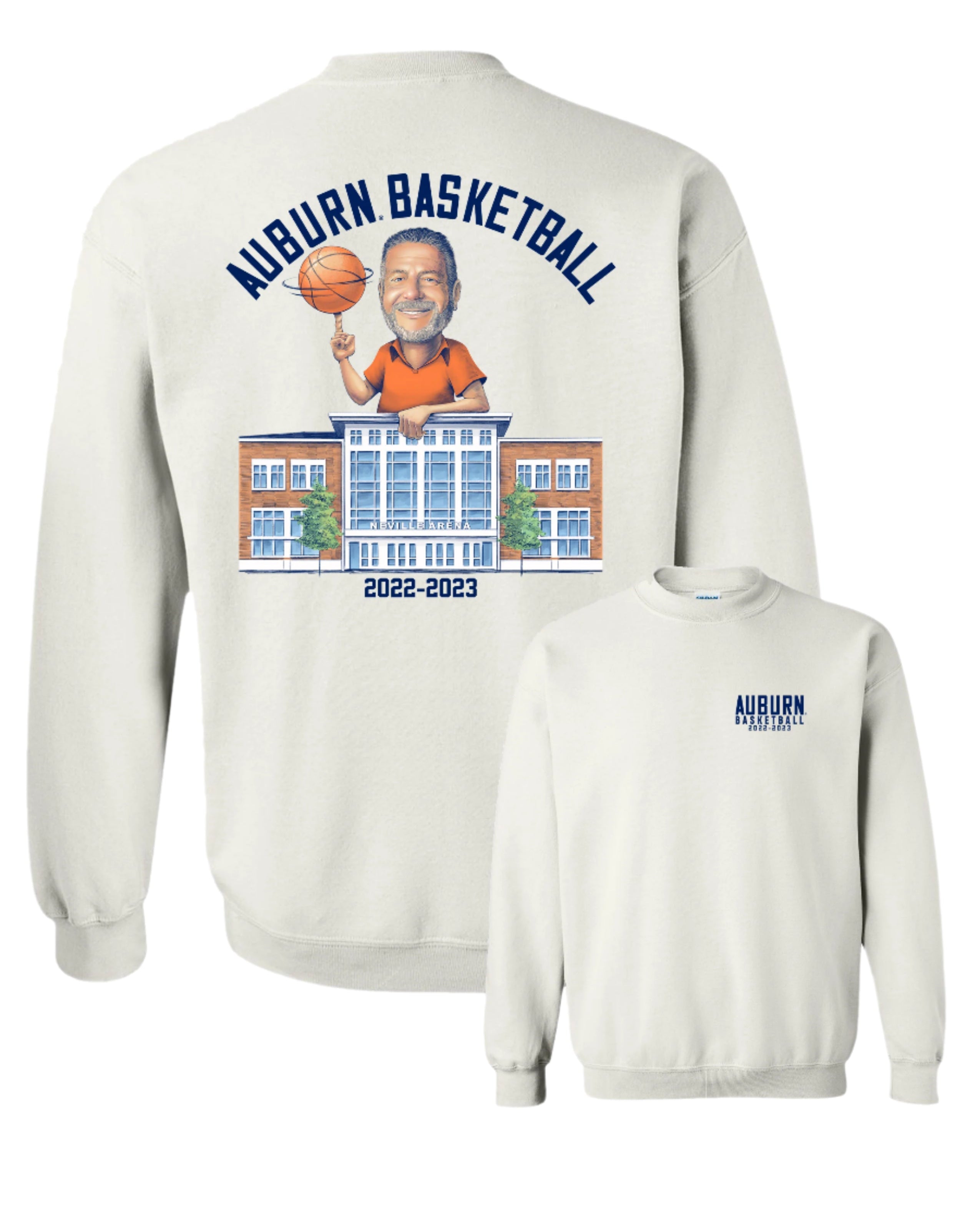 Auburn University White Bruce Pearl 2023 Gildan Sweatshirt with Navy text "Auburn Basketball" above an image of Auburn Basketball Coach Bruce Pearl spinning a basketball and leaning on the basketball building