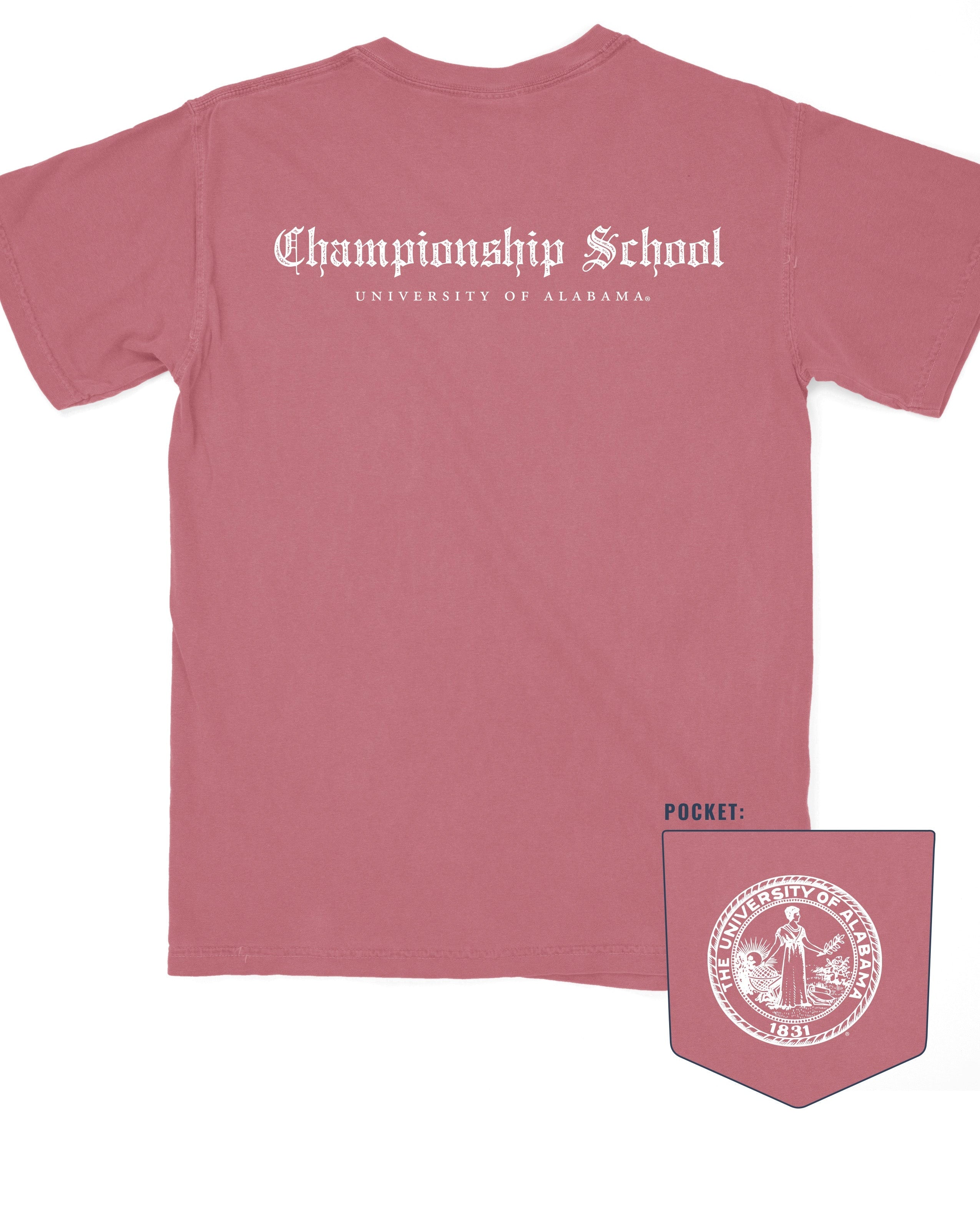 University of Alabama Red Comfort Colors T-Shirt with White text "Championship School" in gothic script