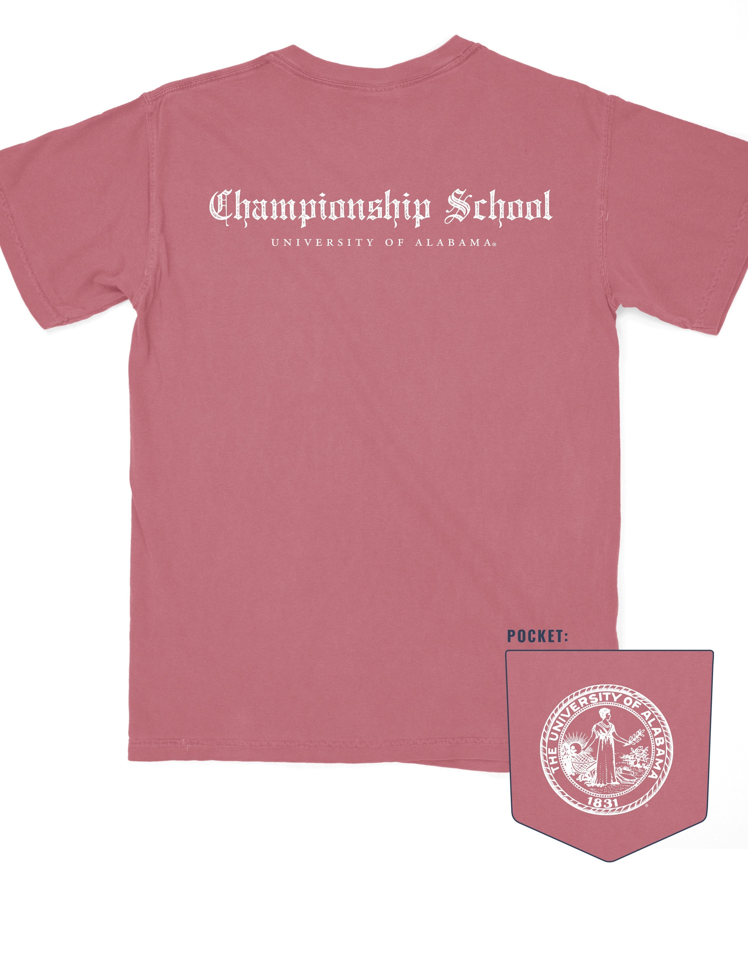 University of Alabama Red Comfort Colors T-Shirt with White text "Championship School" in gothic script