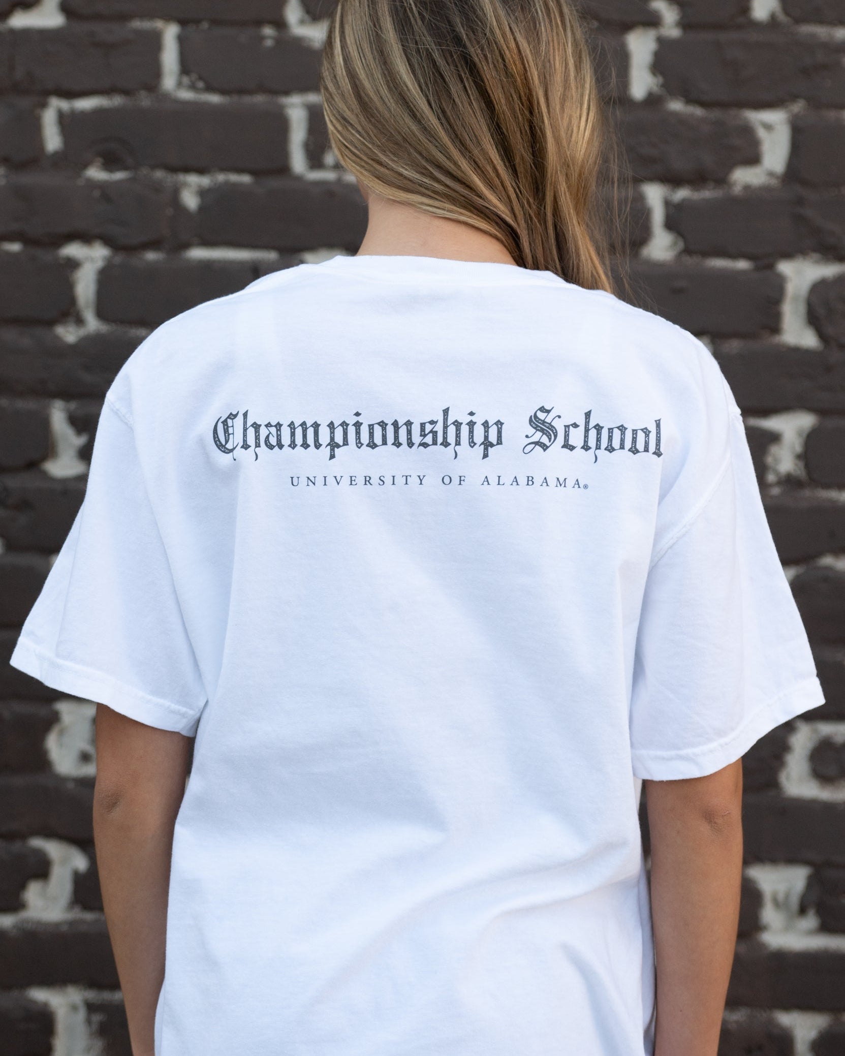 University of Alabama Ivory Comfort Colors T-Shirt with Black text "Championship School" in gothic script