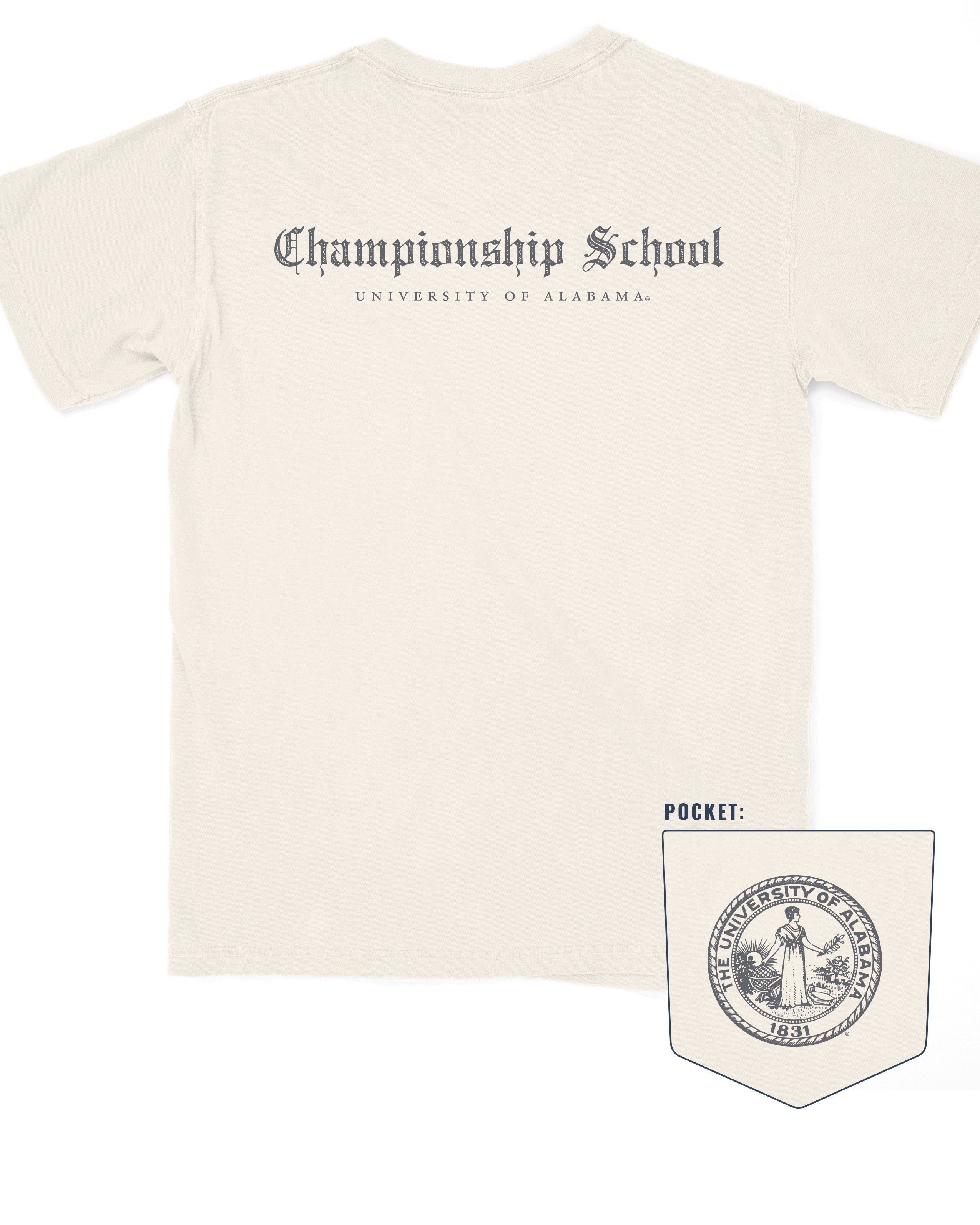 University of Alabama Ivory Comfort Colors T-Shirt with Black text "Championship School" in gothic script