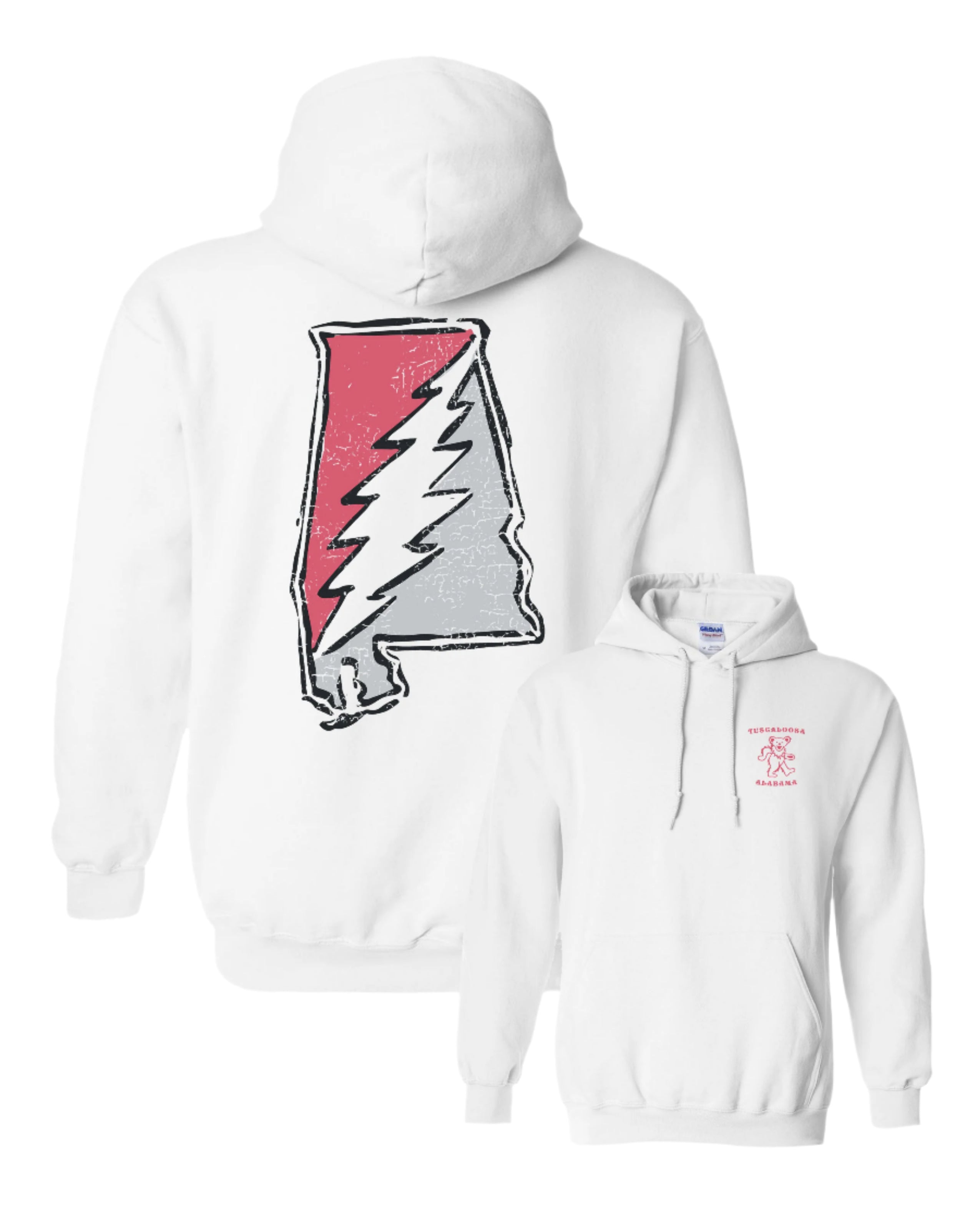 Crimson and Grey Grateful State White Gildan Hoodie with a Red and Grey print of the Alabama "Grateful State" Logo