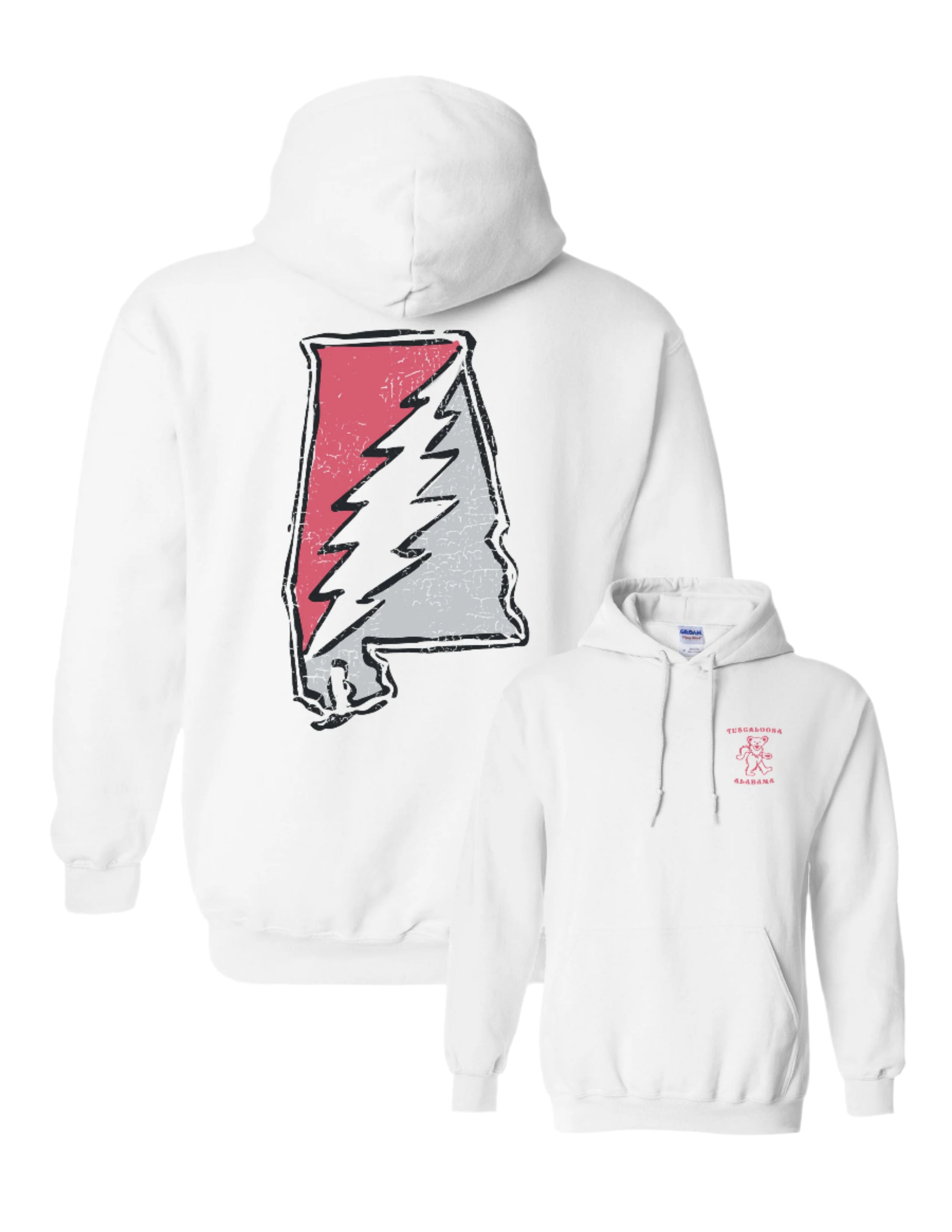 Crimson and Grey Grateful State White Gildan Hoodie with a Red and Grey print of the Alabama "Grateful State" Logo