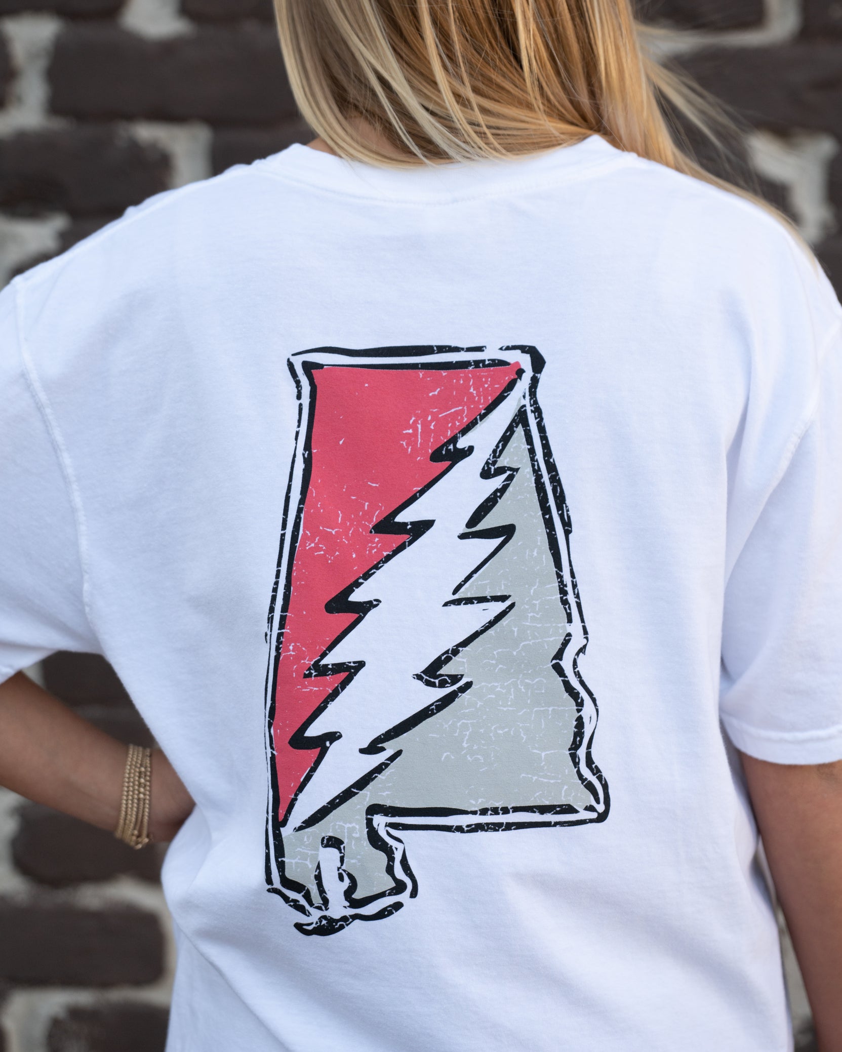 Crimson and Grey Grateful State White Comfort Colors T-Shirt with a Red and Grey print of the Alabama "Grateful State" Logo