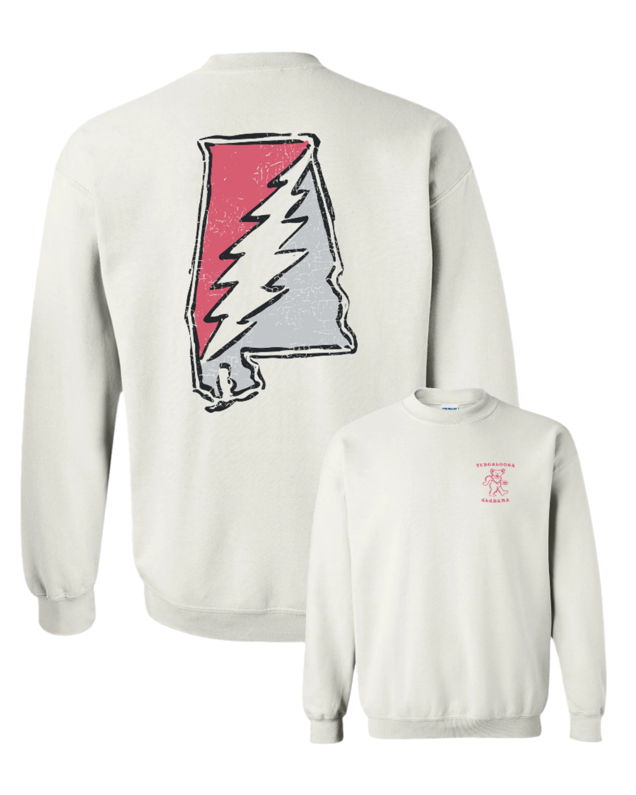 Crimson and Grey Grateful State White Gildan Sweatshirt with a Red and Grey print of the Alabama "Grateful State" Logo