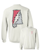 Crimson and Grey Grateful State White Gildan Sweatshirt with a Red and Grey print of the Alabama "Grateful State" Logo