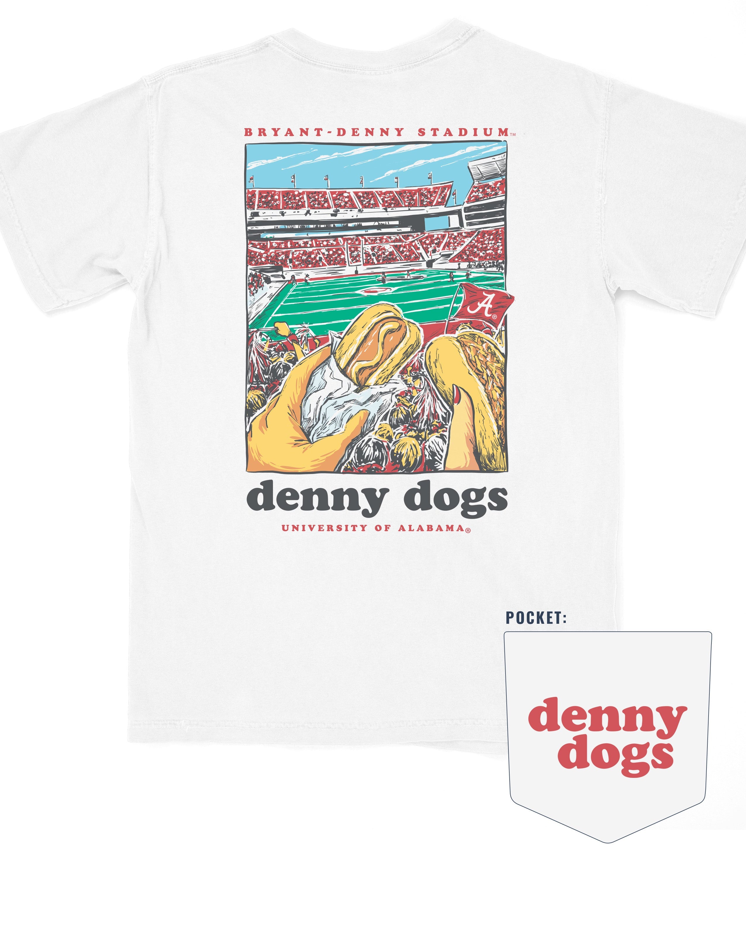 University of Alabama White Denny Dogs Comfort Colors T-Shirt with an image of two hands holding hot dogs at Bryant- Denny Stadium above the Black text "denny dogs"