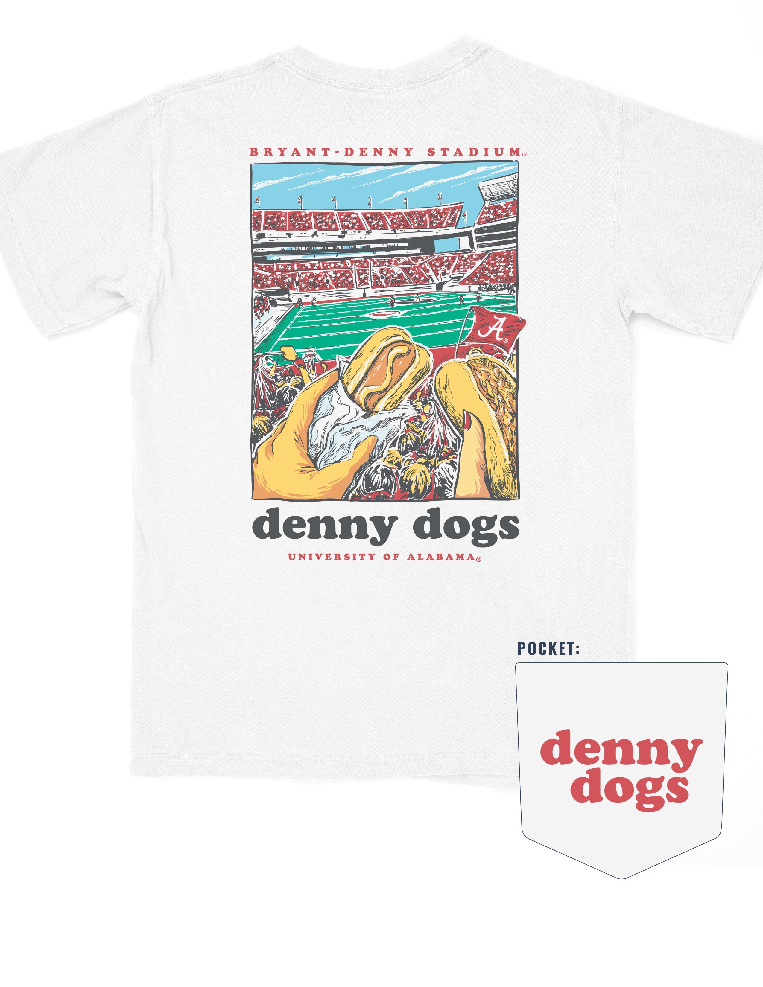 University of Alabama White Denny Dogs Comfort Colors T-Shirt with an image of two hands holding hot dogs at Bryant- Denny Stadium above the Black text "denny dogs"
