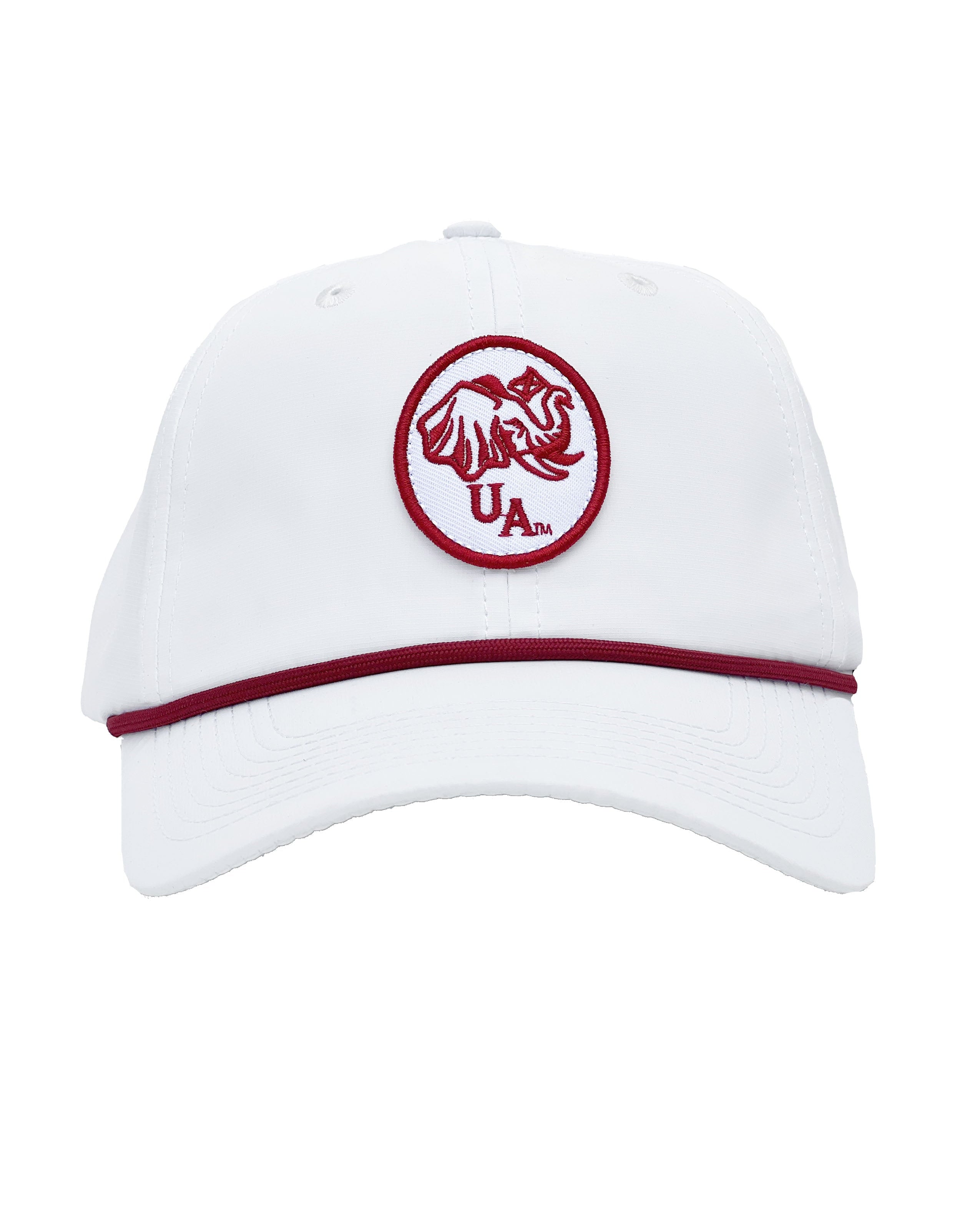University of Alabama White Rope Hat with a Red Rope and an image of an elephant holding an Alabama State flag above the letters "UA"