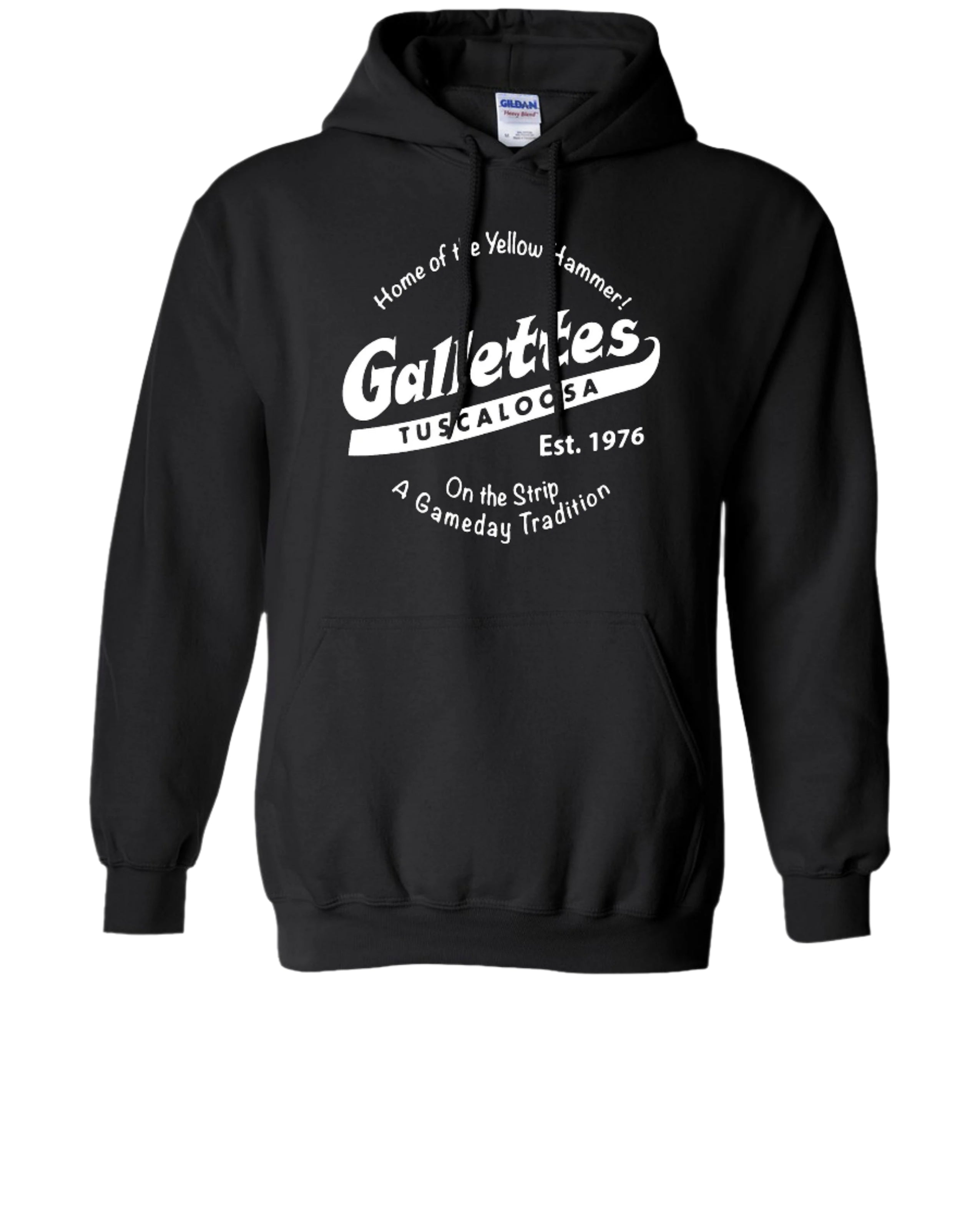 Gallettes Black Hoodie with a White Gallettes logo surrounded by White text "Home of the Yellow Hammer!" and "On the Strip- A Gameday Tradition"