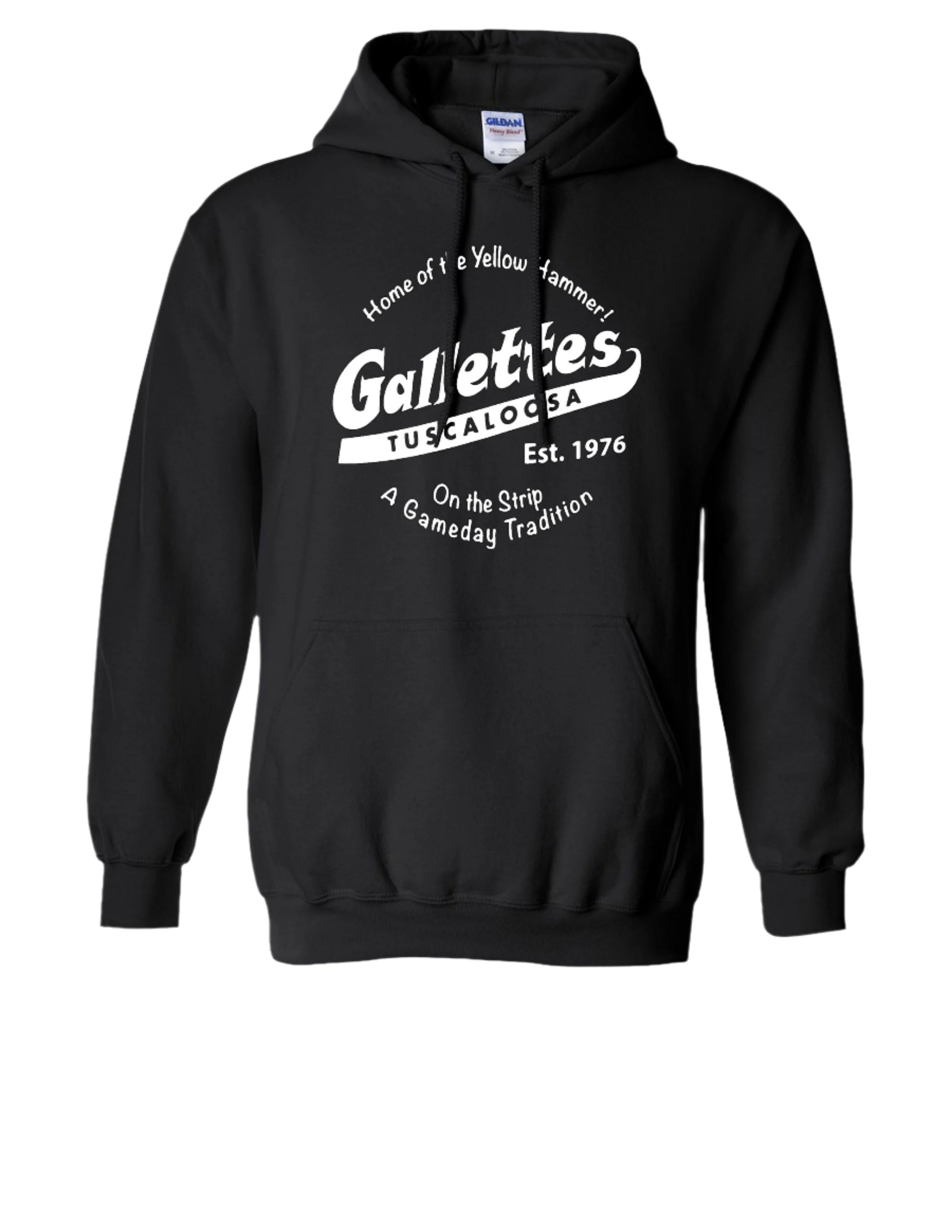 Gallettes Black Hoodie with a White Gallettes logo surrounded by White text "Home of the Yellow Hammer!" and "On the Strip- A Gameday Tradition"