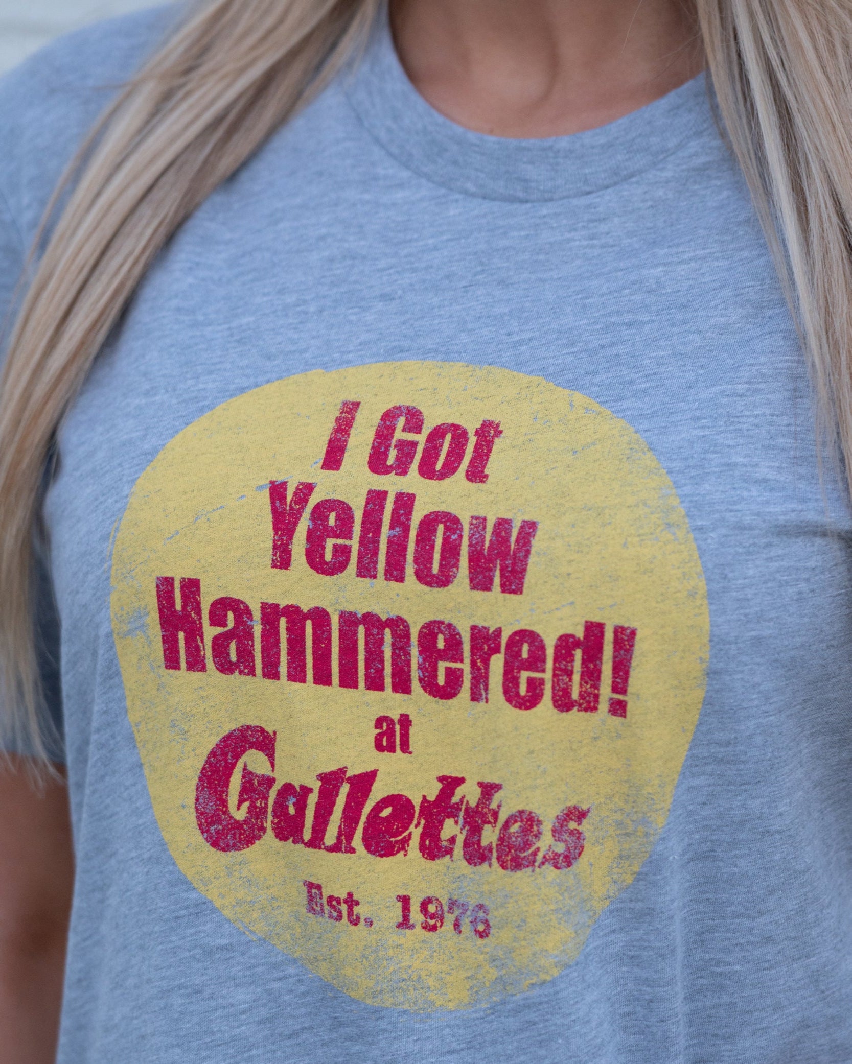 Gallettes Grey T-Shirt with Red text inside of Yellow circle "I Got Yellow Hammered! at Gallettes"