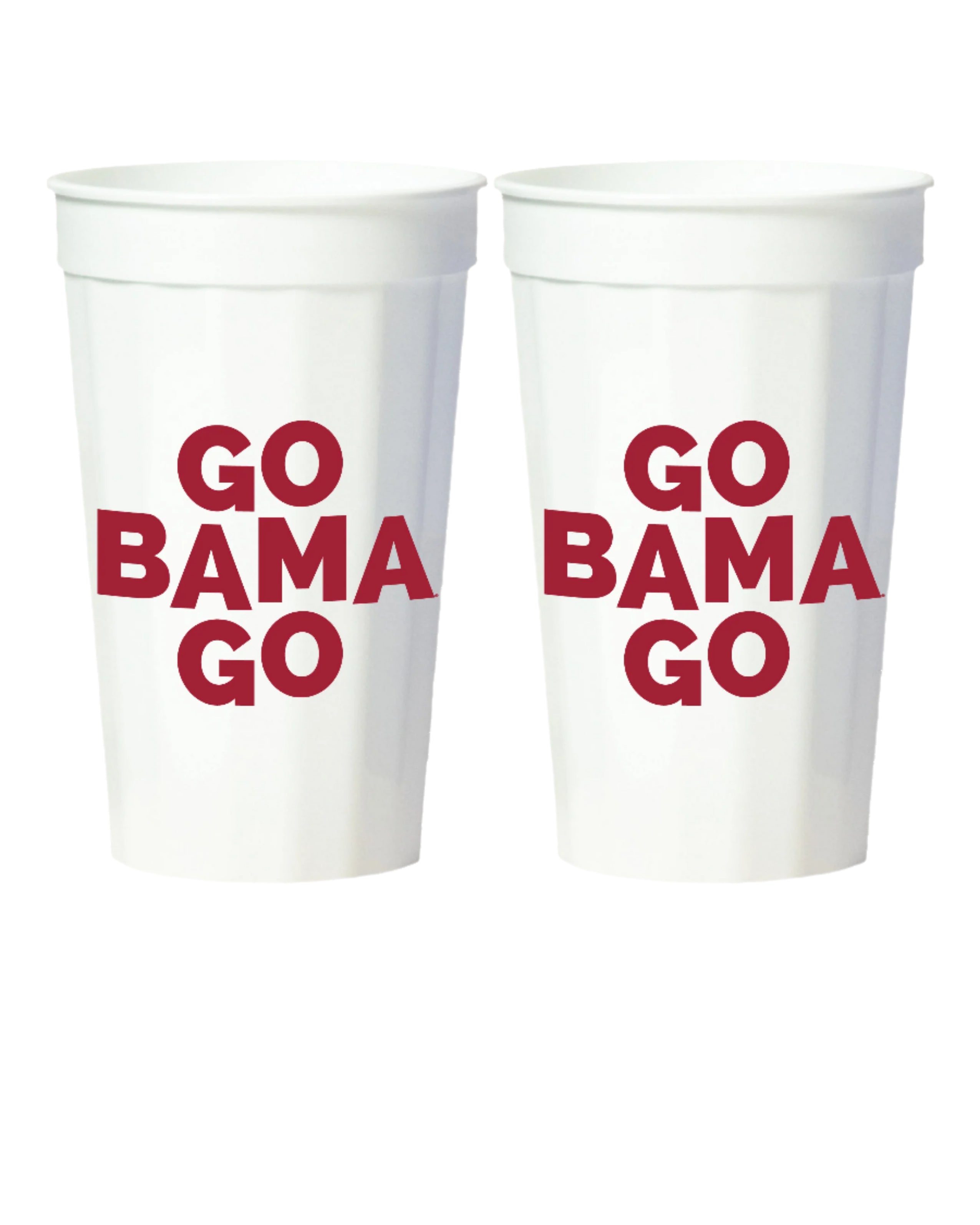 University of Alabama White Stadium Cup with Red text "Go Bama Go"
