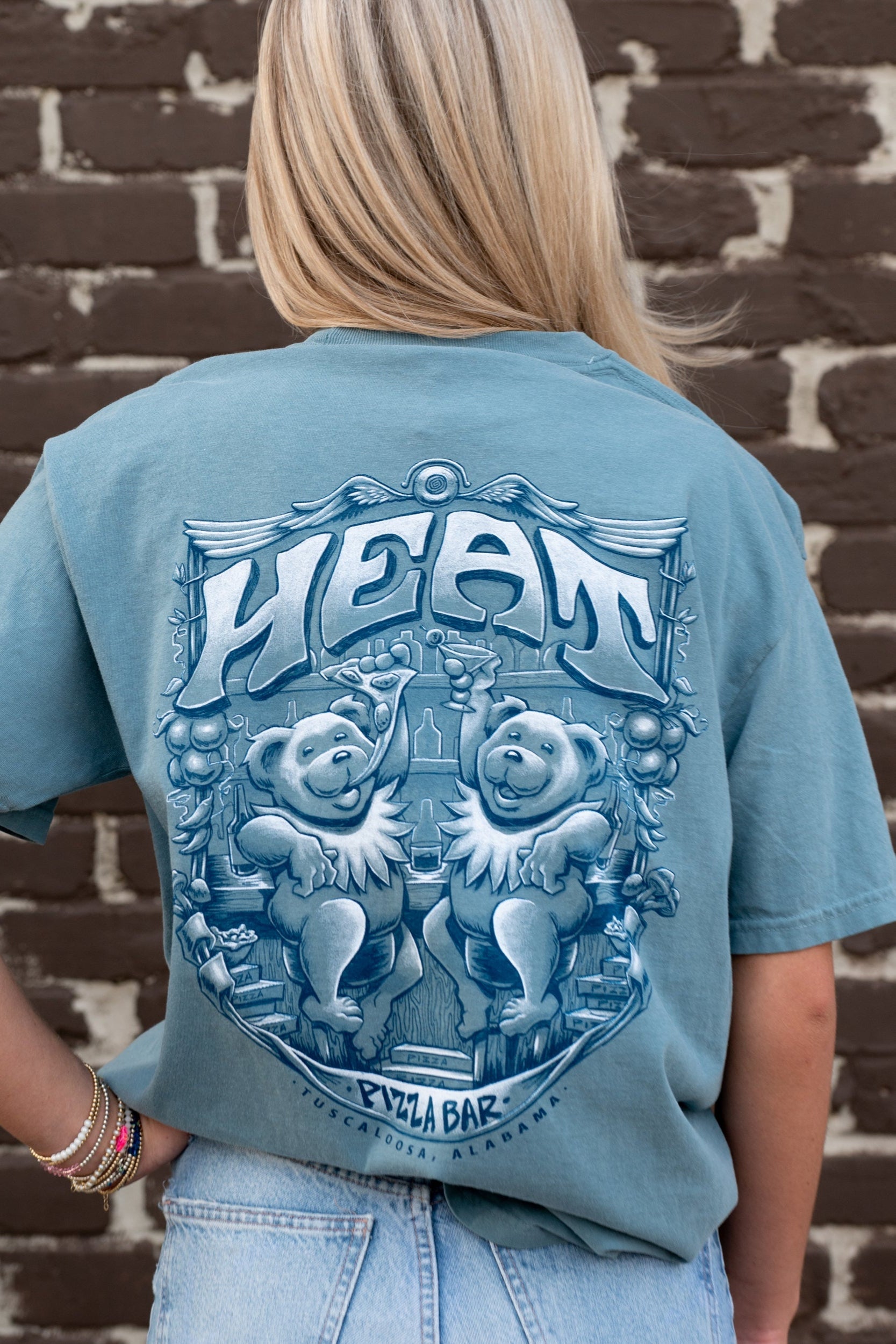 Heat Pizza Ice Blue Bar Bears T-Shirt with text Heat" above two bears, one eating pizza, the other holding a martini at the bar