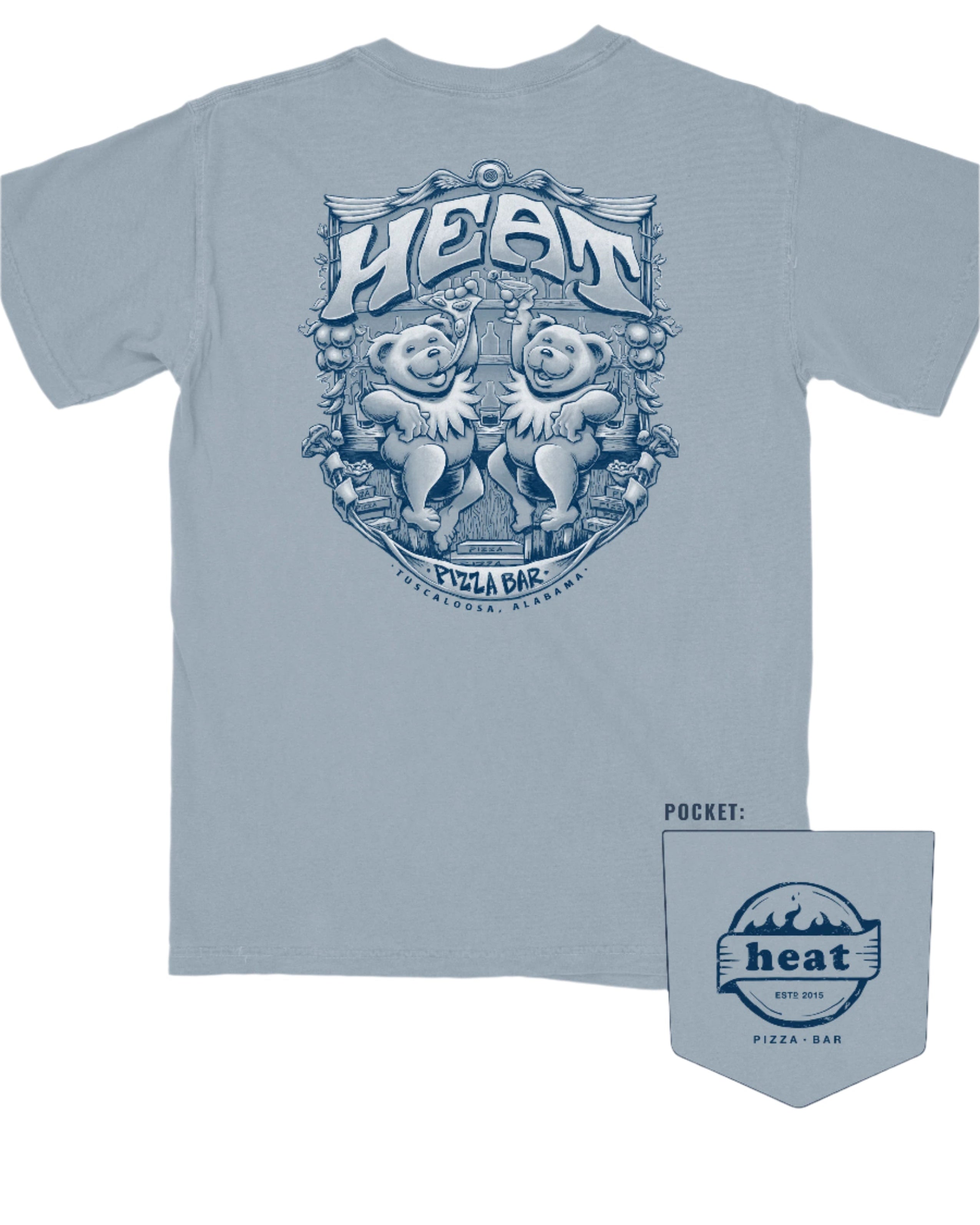Heat Pizza Ice Blue Bar Bears T-Shirt with text Heat" above two bears, one eating pizza, the other holding a martini, at the bar