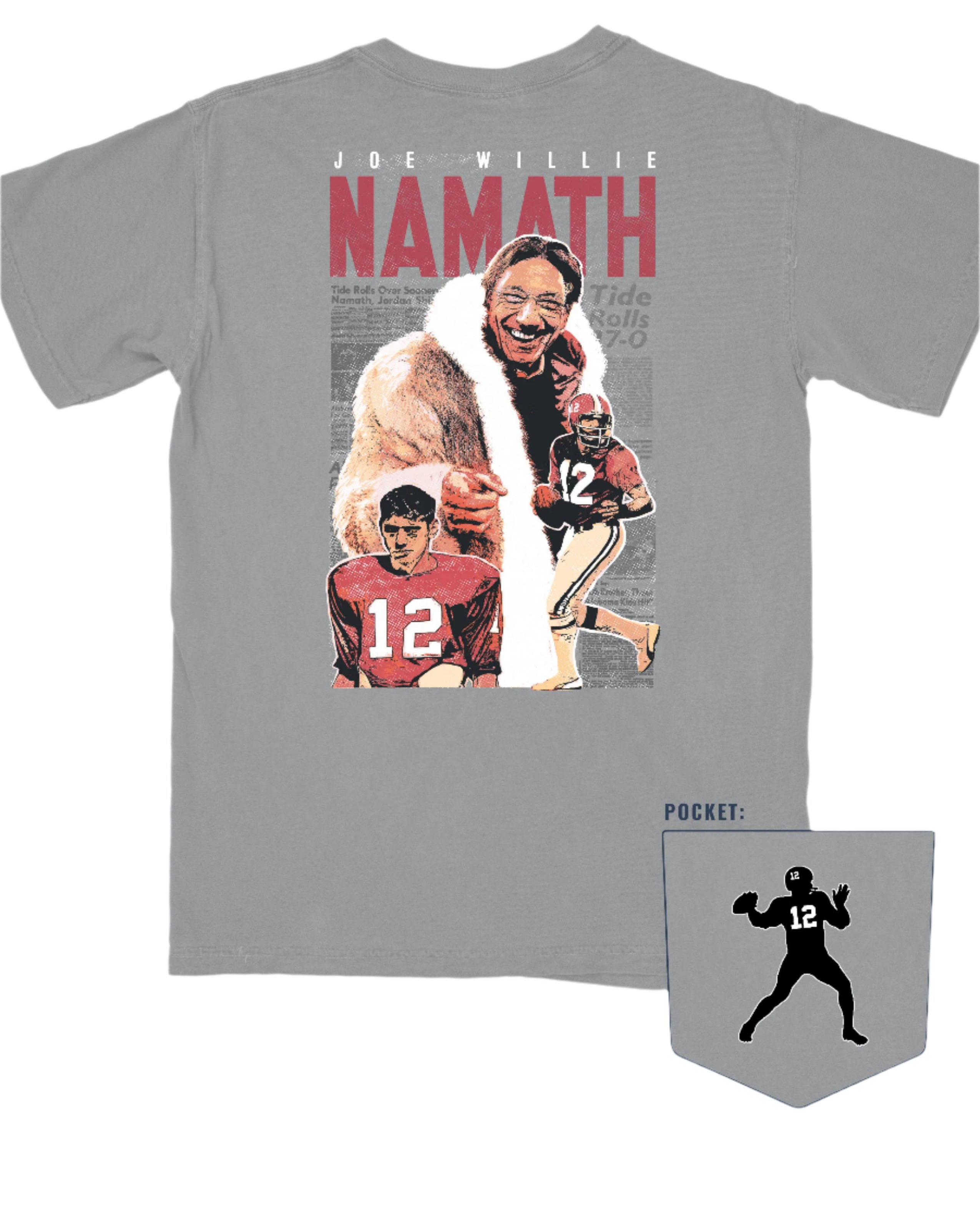 University of Alabama Grey Namath T-Shirt with a graphic design of Joe Willie Namath, featuring images of Namath playing football and holding a trophy.