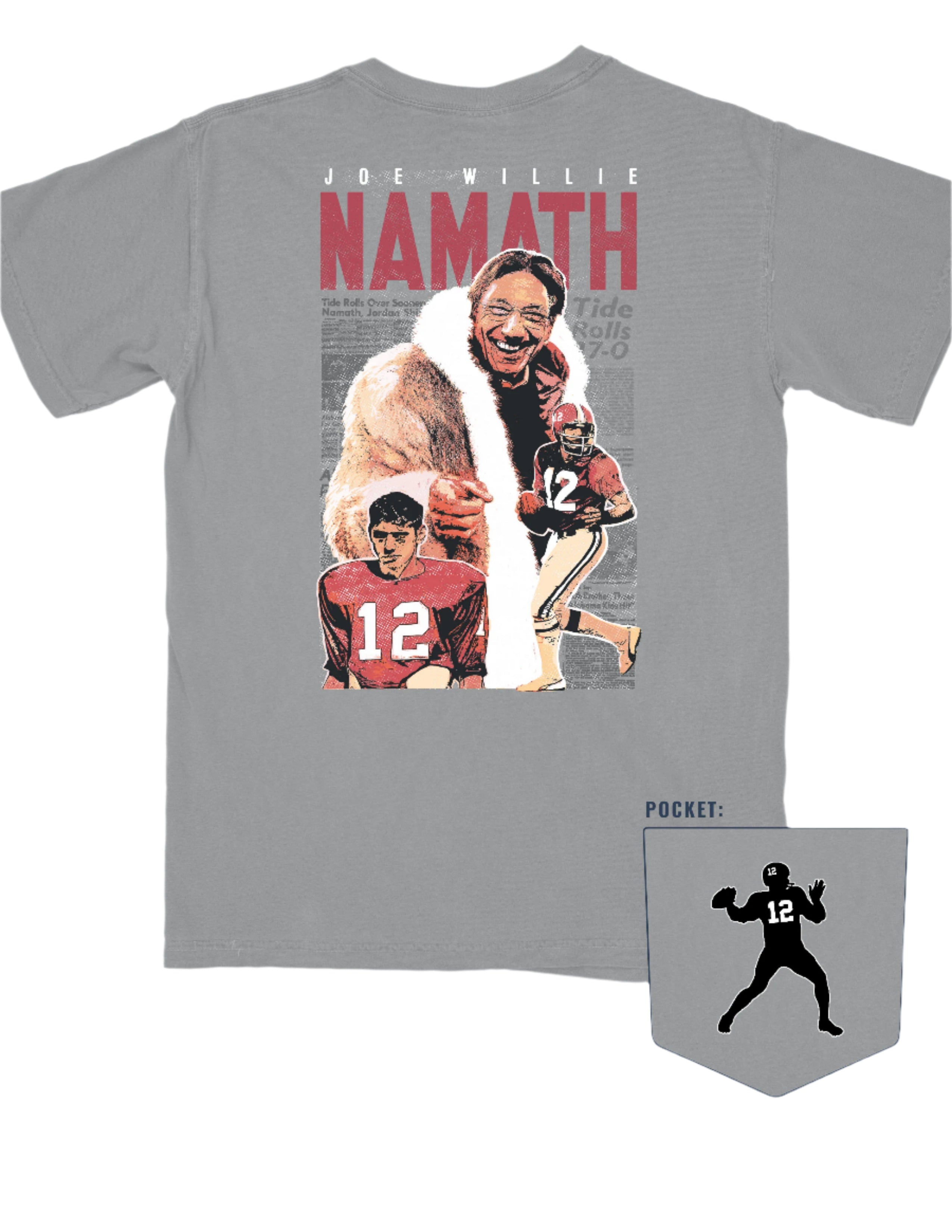 University of Alabama Grey Namath T-Shirt with a graphic design of Joe Willie Namath, featuring images of Namath playing football and holding a trophy.