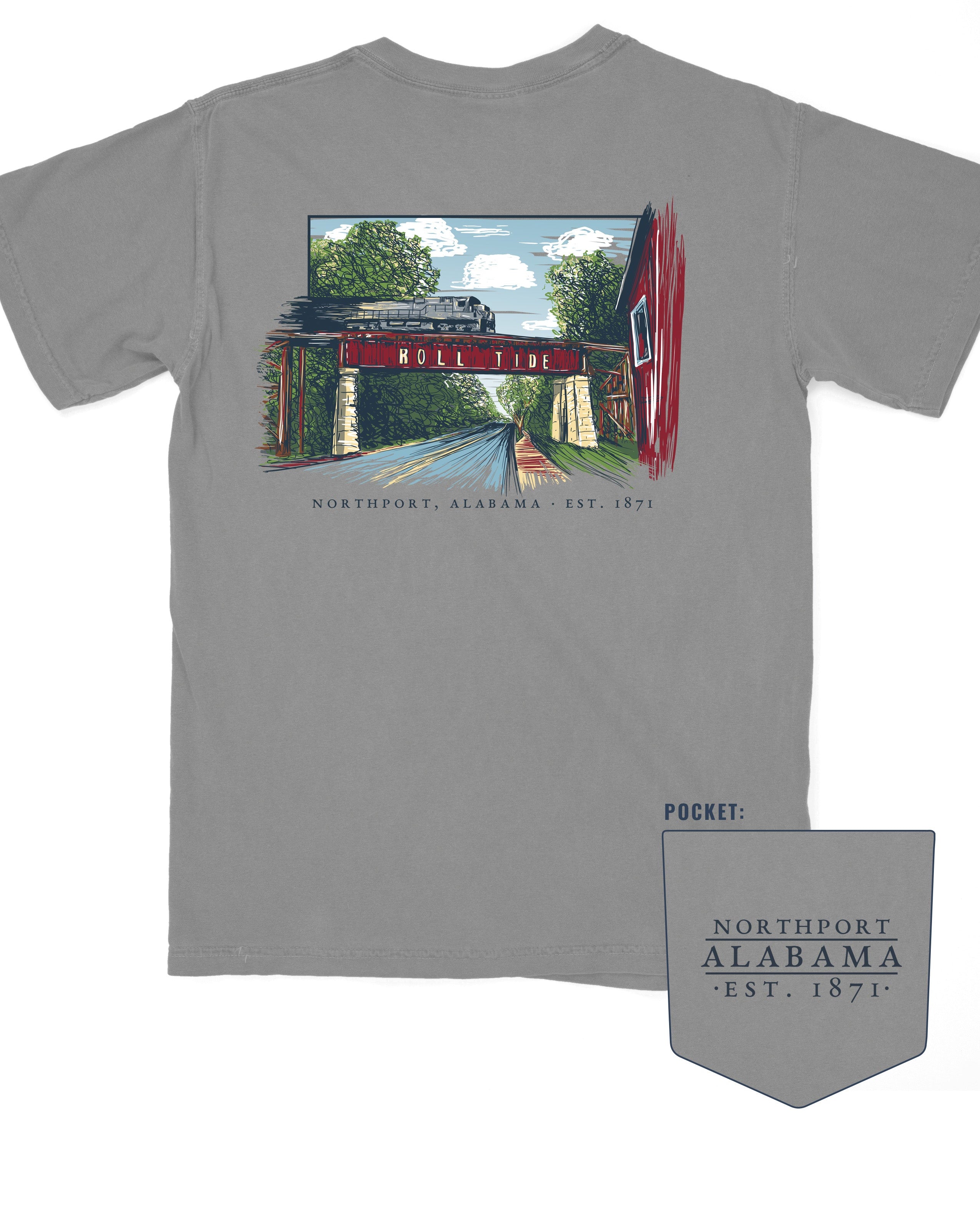 Grey T-Shirt with a hand-drawn illustration of the Downtown Northport Train tracks above Black text "Northport, Alabama EST. 1871"