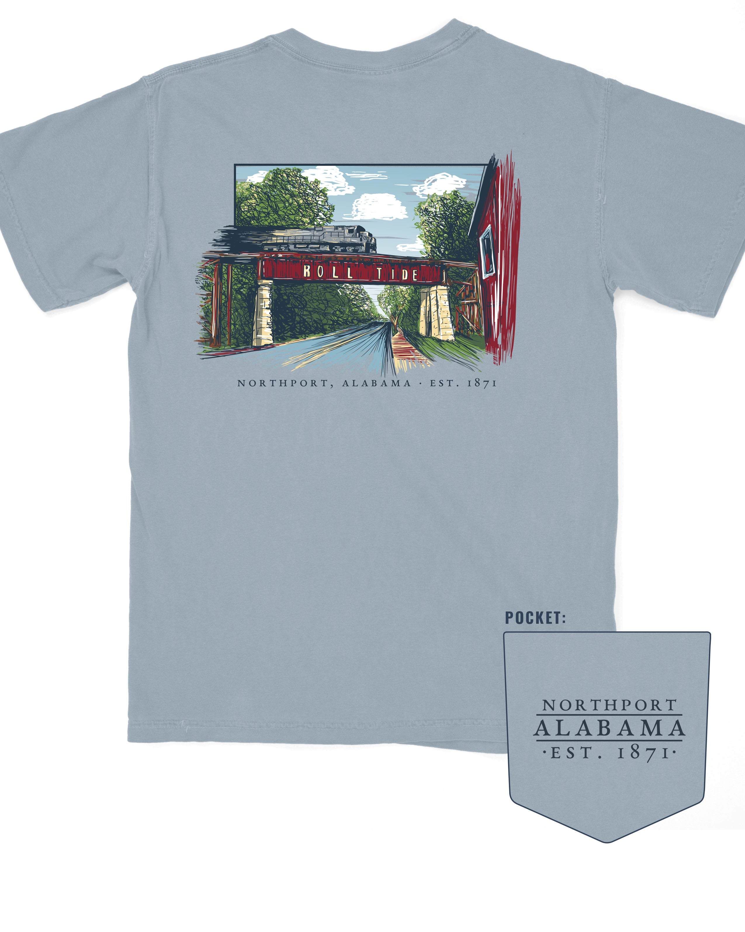 Grey T-Shirt with a hand-drawn illustration of the Downtown Northport Train tracks above Black text "Northport, Alabama EST. 1871"