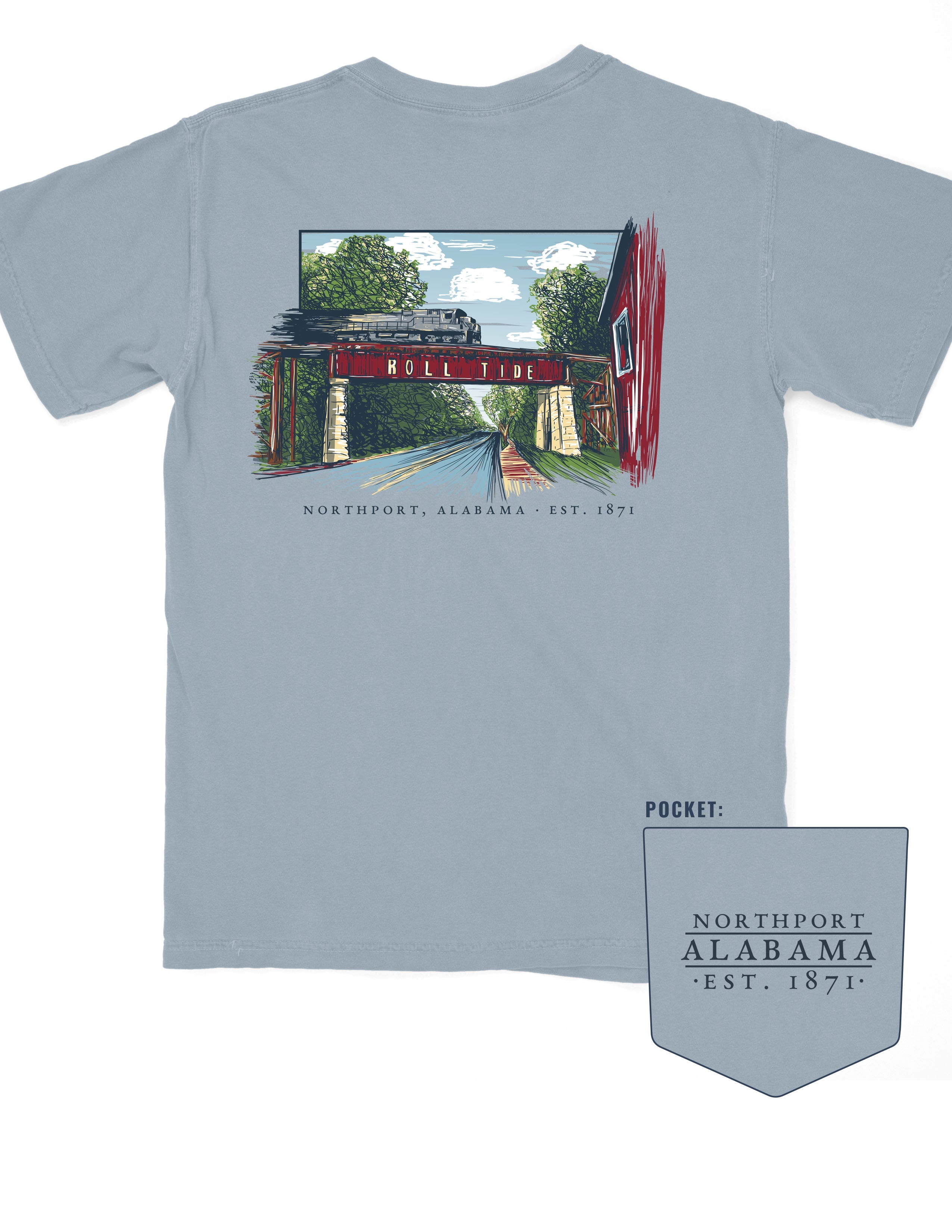 Grey T-Shirt with a hand-drawn illustration of the Downtown Northport Train tracks above Black text "Northport, Alabama EST. 1871"