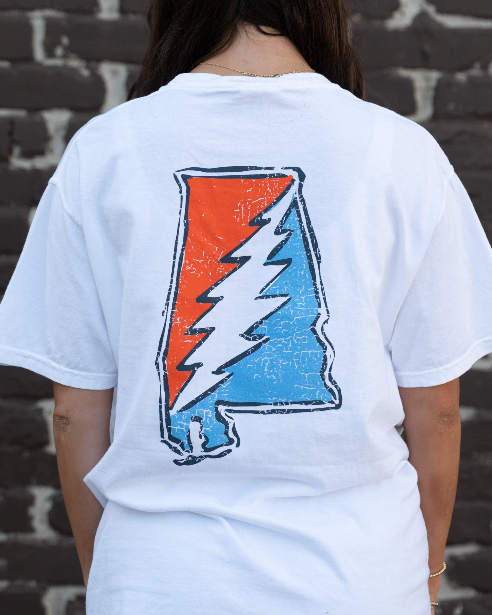 Grateful State White T-Shirt with an Orange and Blue print of the Alabama "Grateful State" Logo