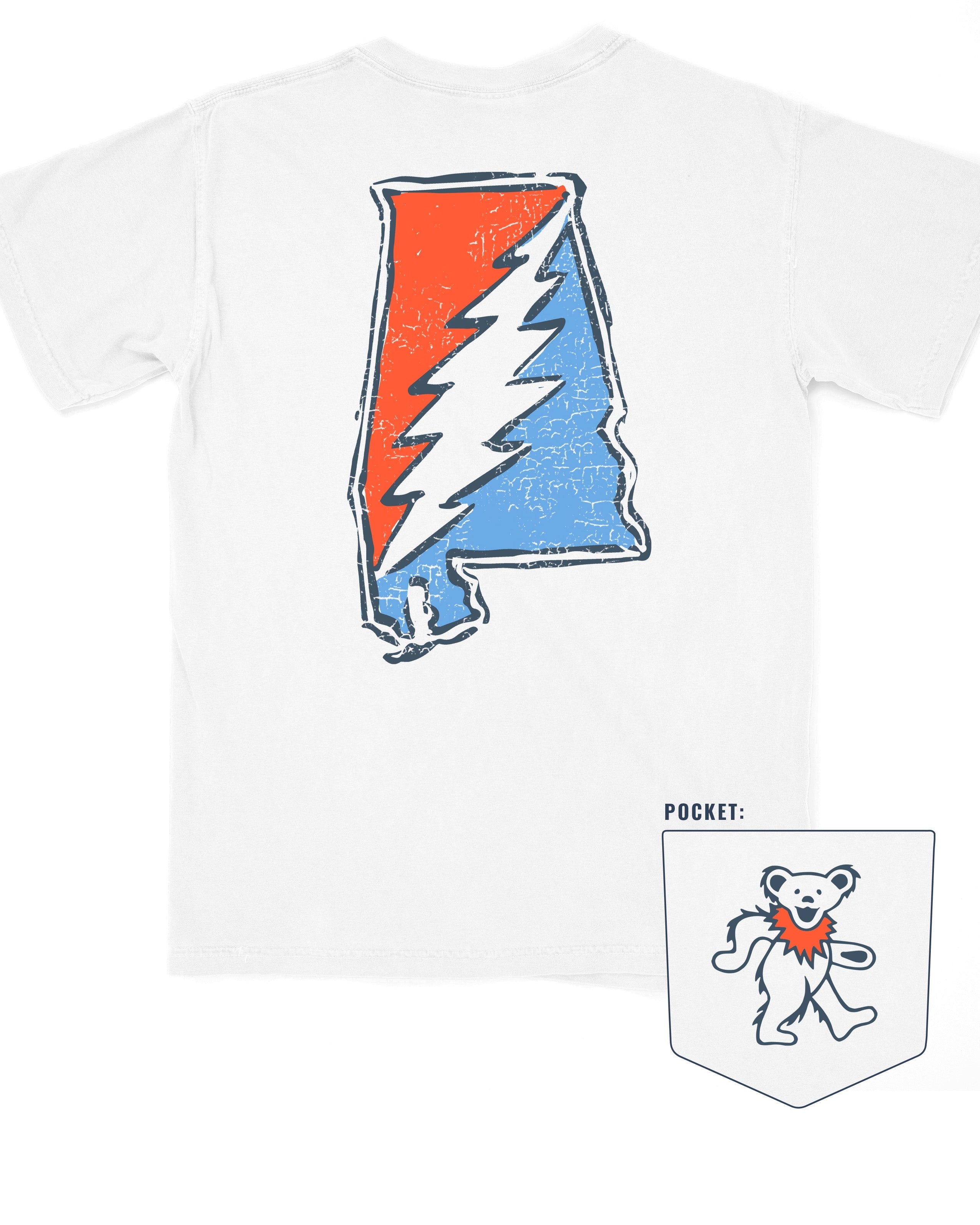 Grateful State White T-Shirt with an Orange and Blue print of the Alabama "Grateful State" Logo