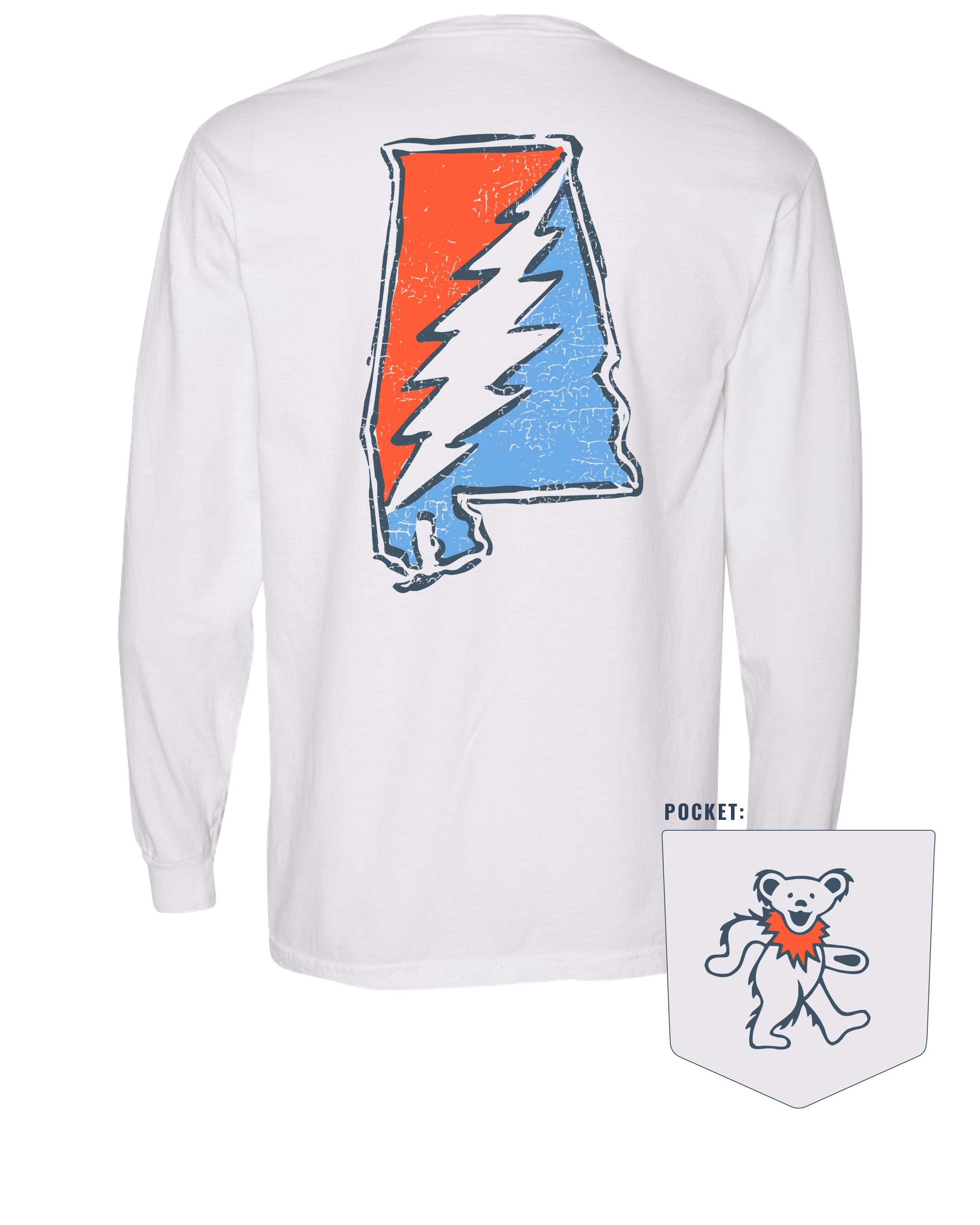 Grateful State White Long sleeve T-Shirt with an Orange and Blue print of the Alabama "Grateful State" Logo