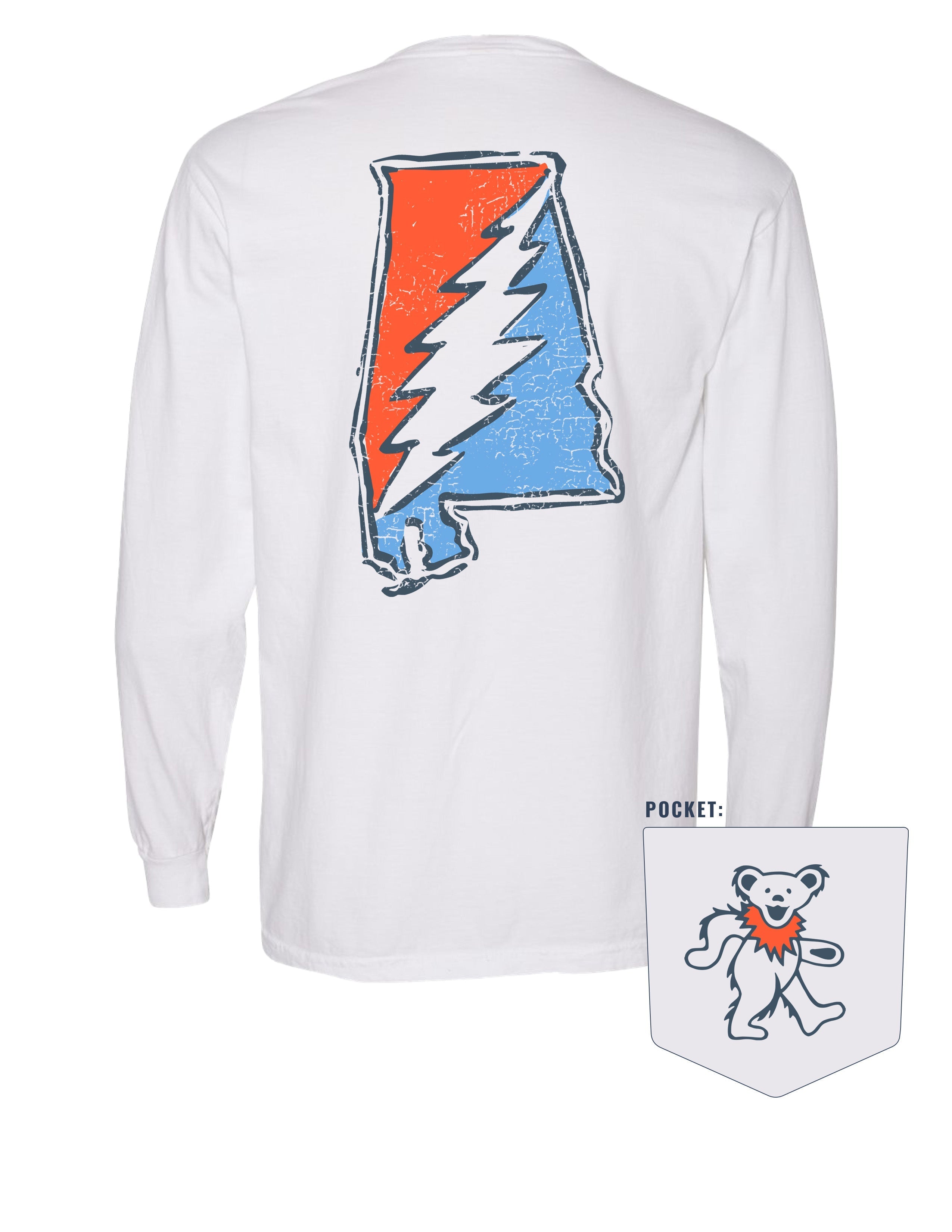 Grateful State White Long sleeve T-Shirt with an Orange and Blue print of the Alabama "Grateful State" Logo