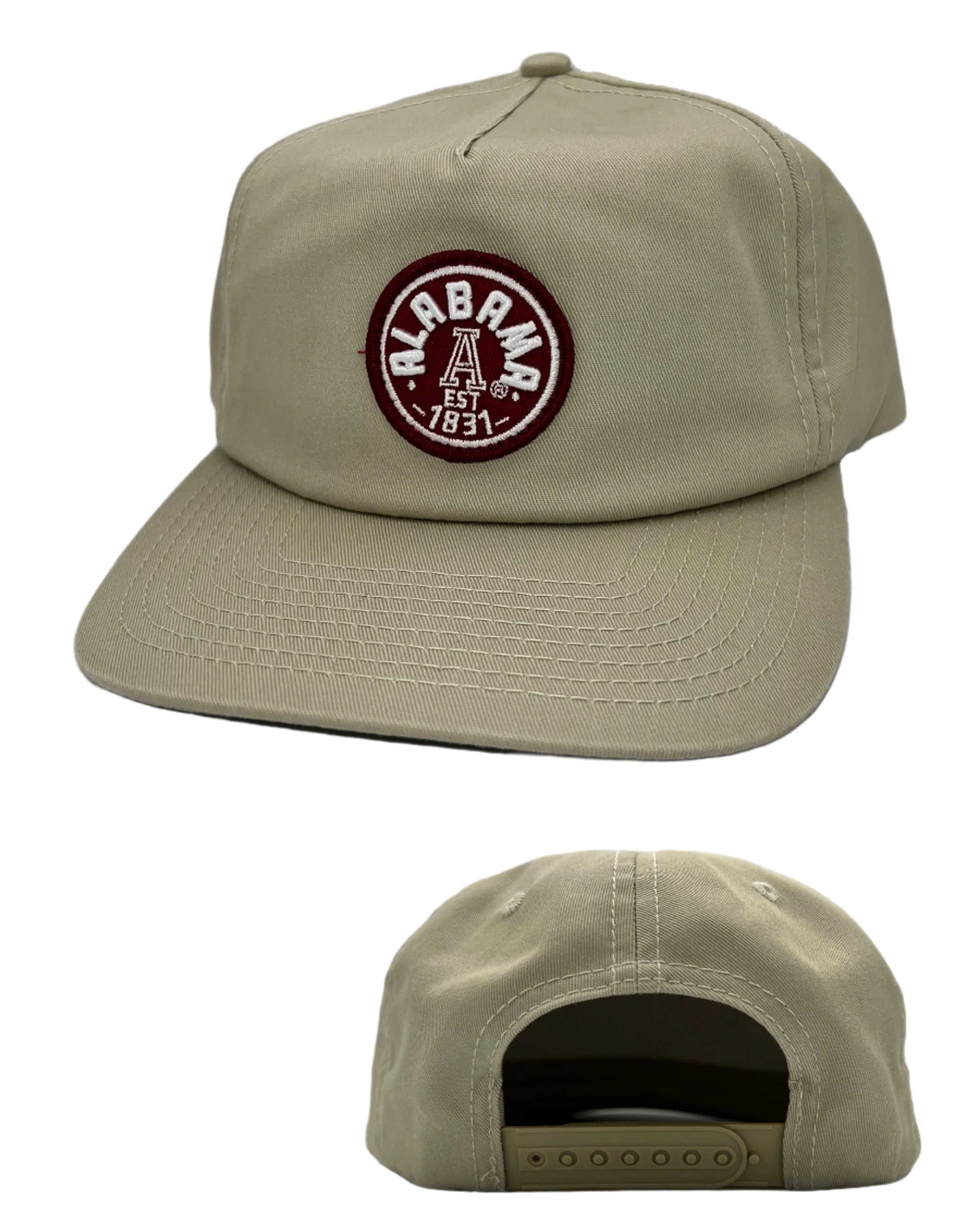 University of Alabama Khaki Fly Fit Hat with a Red patch featuring the Retro University of Alabama Logo