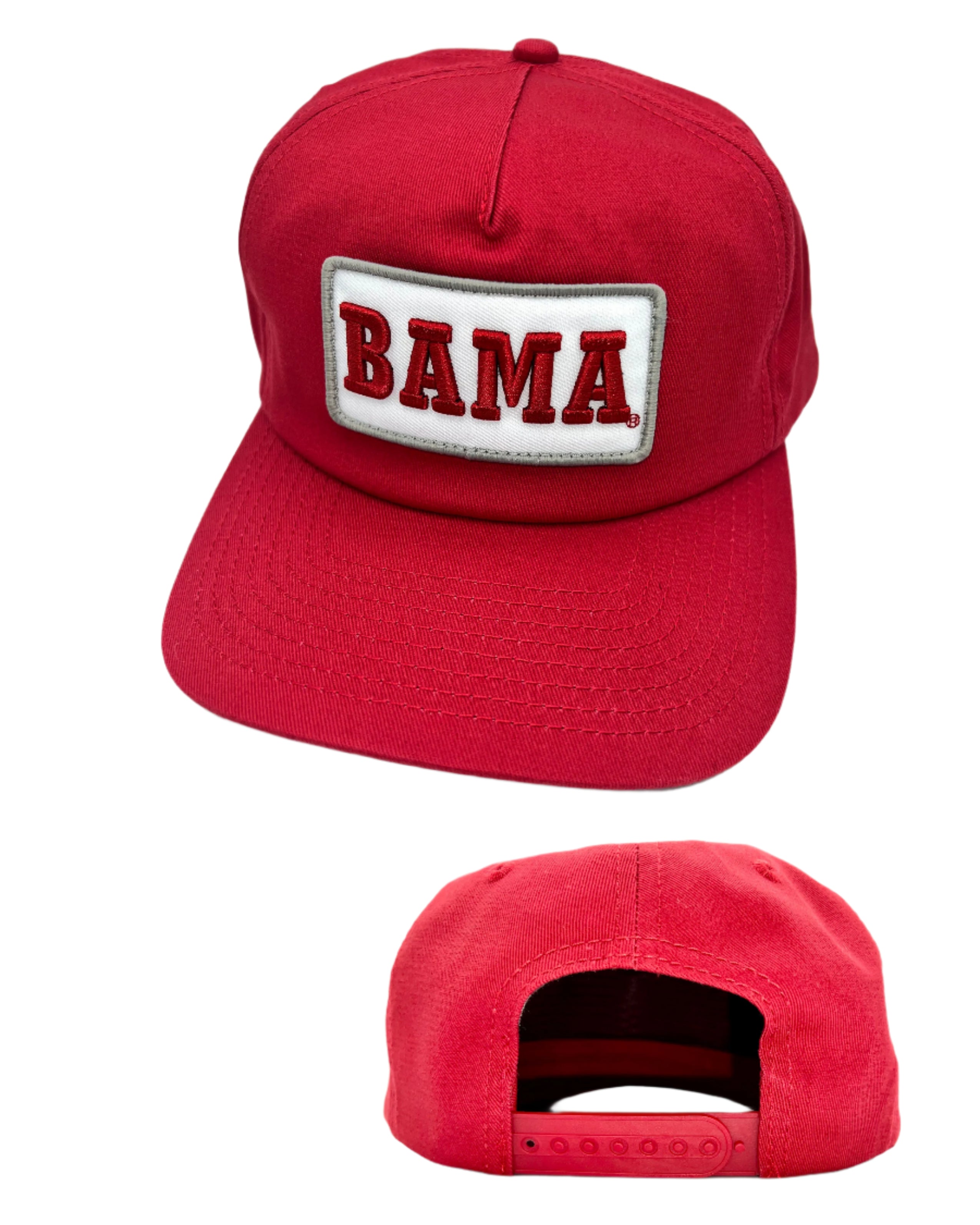 University of Alabama Red Patch Hat with a White Patch featuring Red Retro text "BAMA"