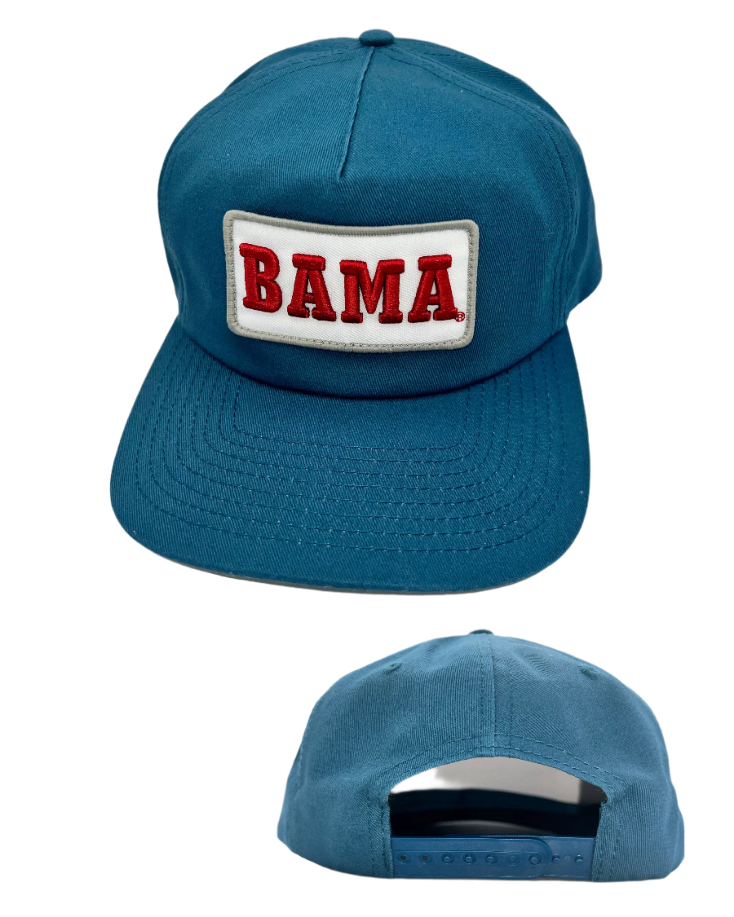 University of Alabama Teal Patch Hat with a White Patch featuring Red Retro text "BAMA"