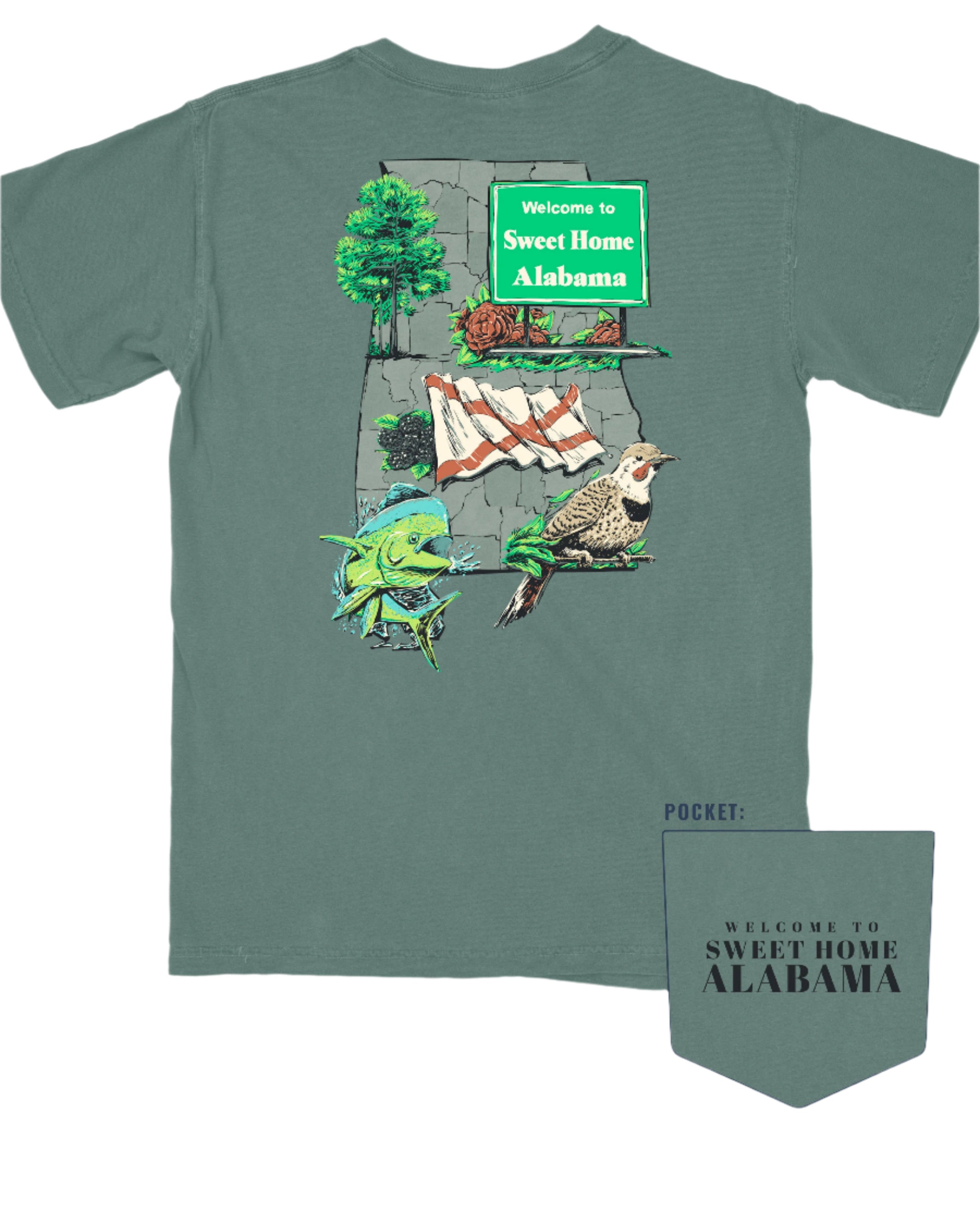 Blue Spruce Sweet Home Alabama T-Shirt with a graphic design that includes the state bird, flag, flower, and other elements representing Alabama.