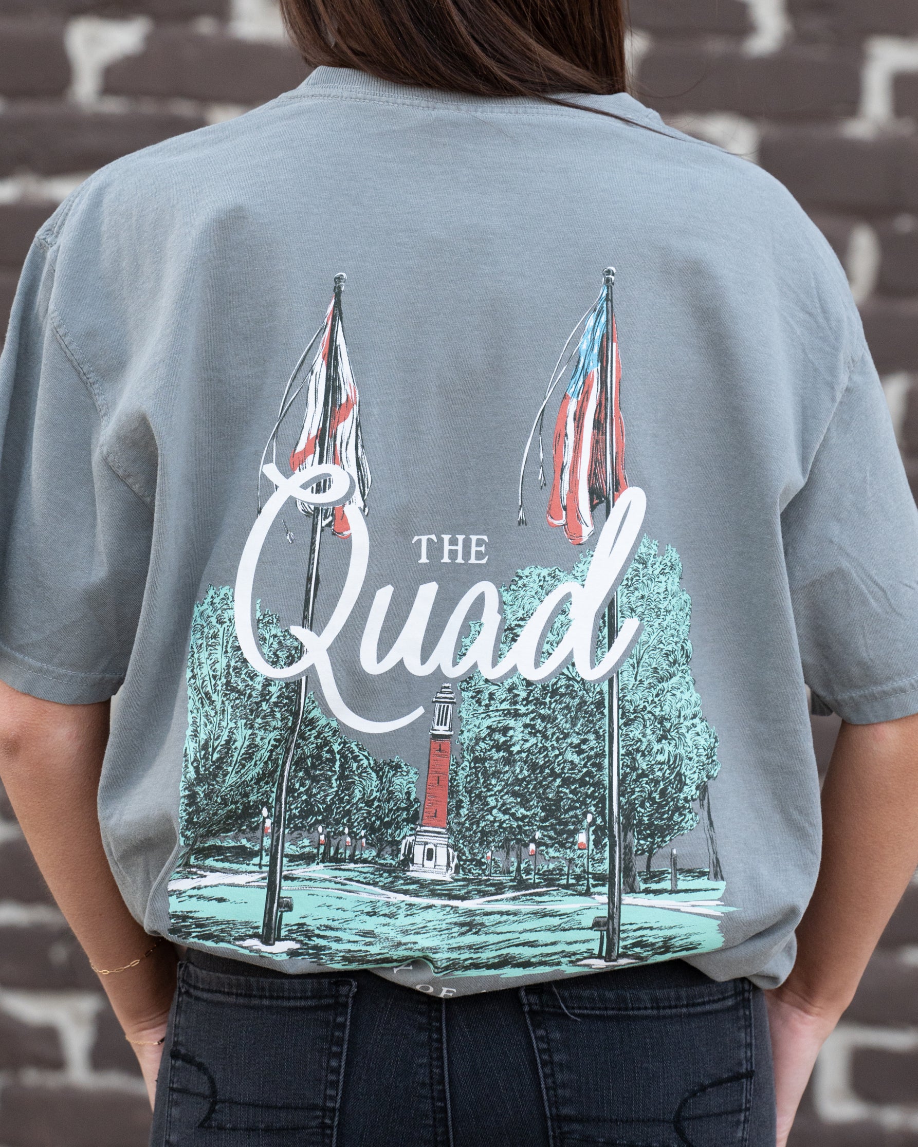 University of Alabama Grey The Quad T-Shirt featuring an illustration of The Quad