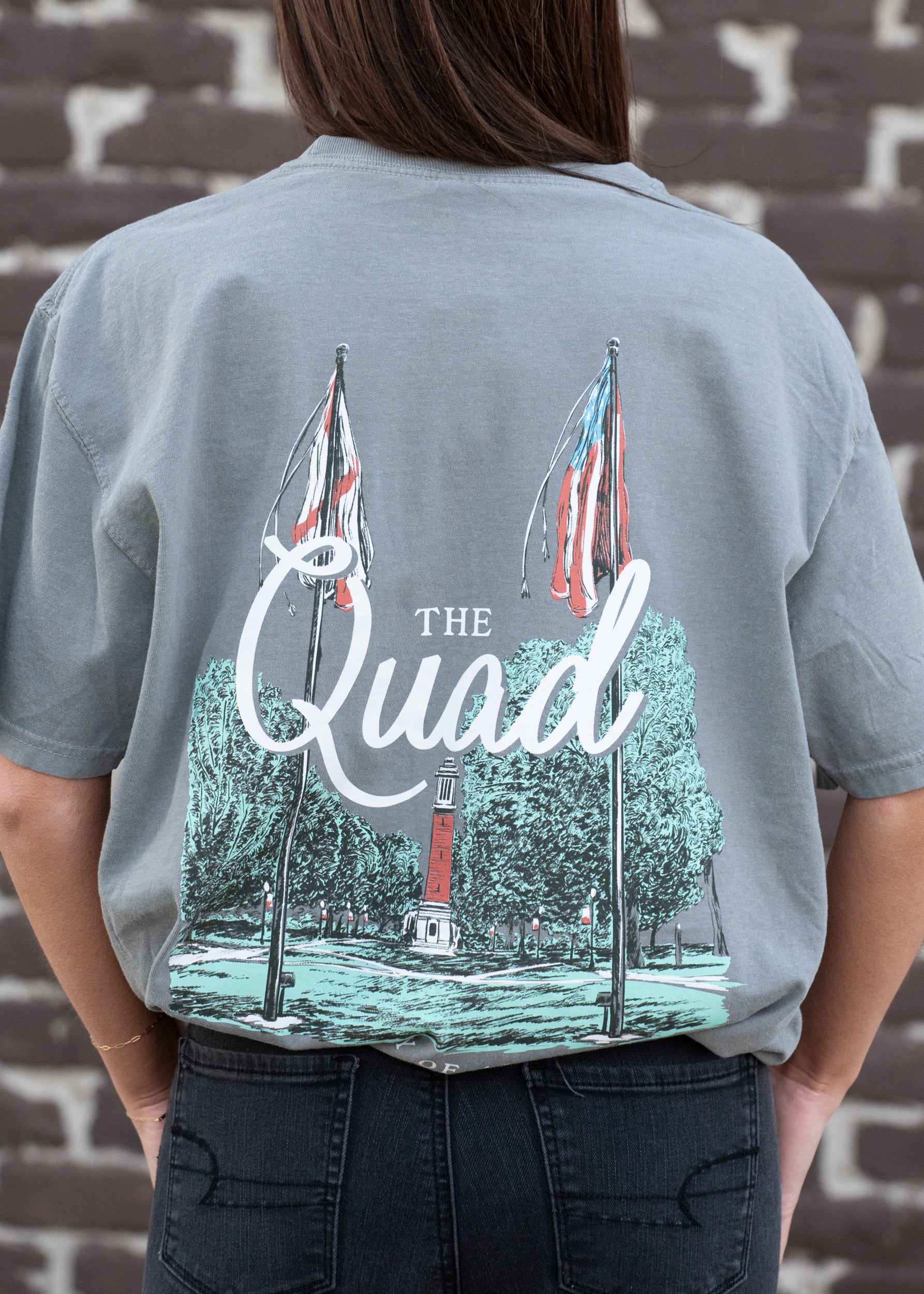 University of Alabama Grey The Quad T-Shirt featuring an illustration of The Quad