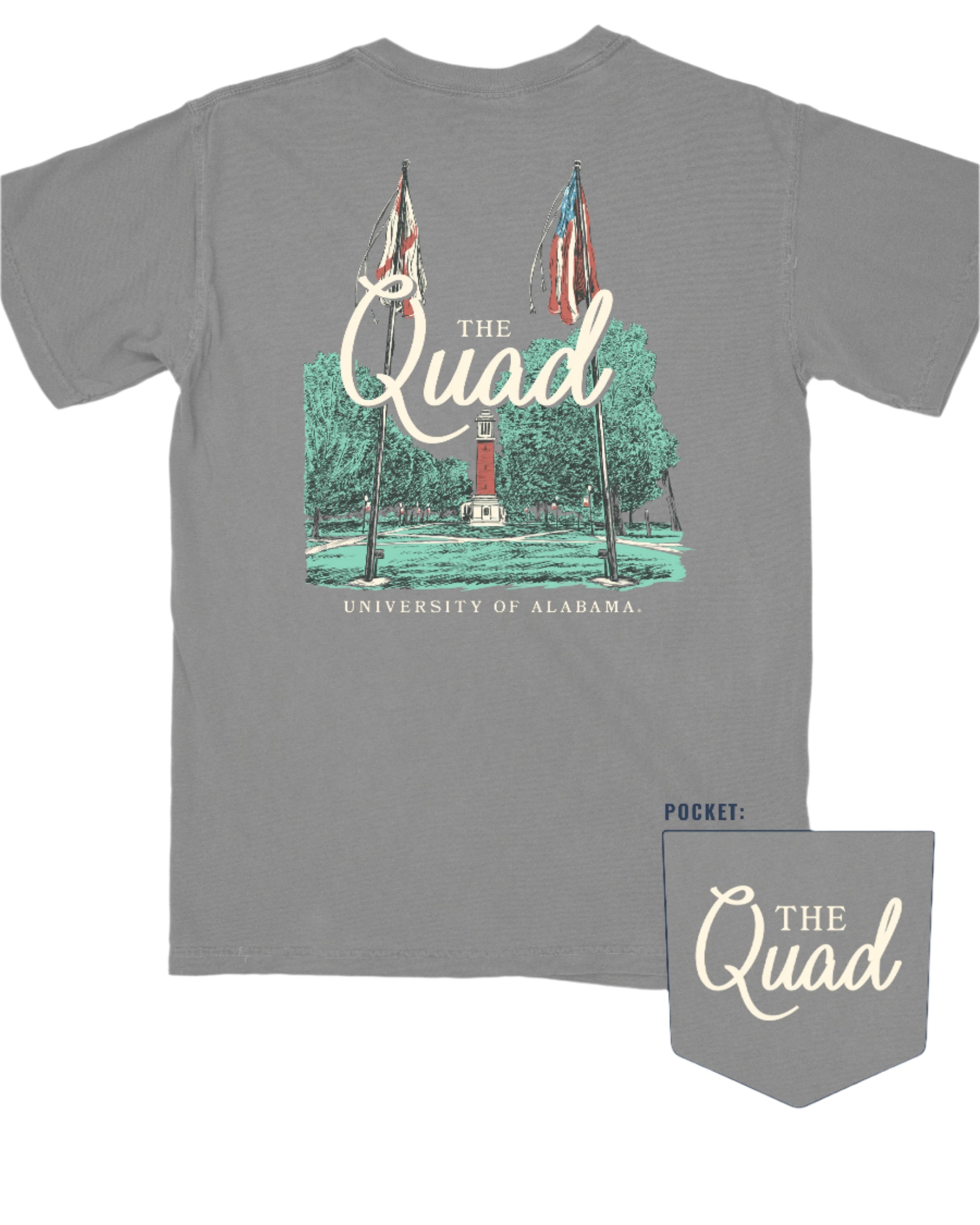 University of Alabama Grey The Quad T-Shirt featuring an illustration of The Quad