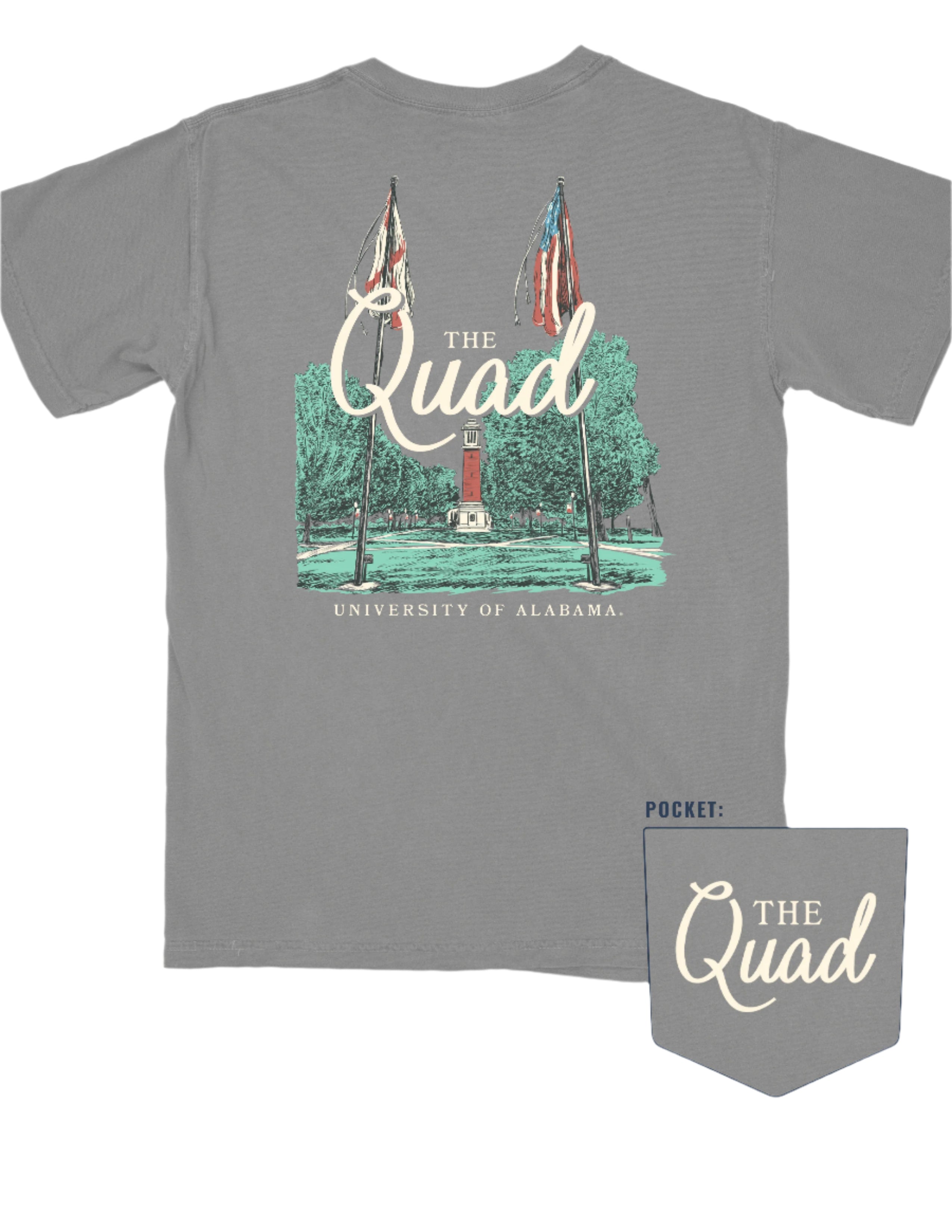 University of Alabama Grey The Quad T-Shirt featuring an illustration of The Quad
