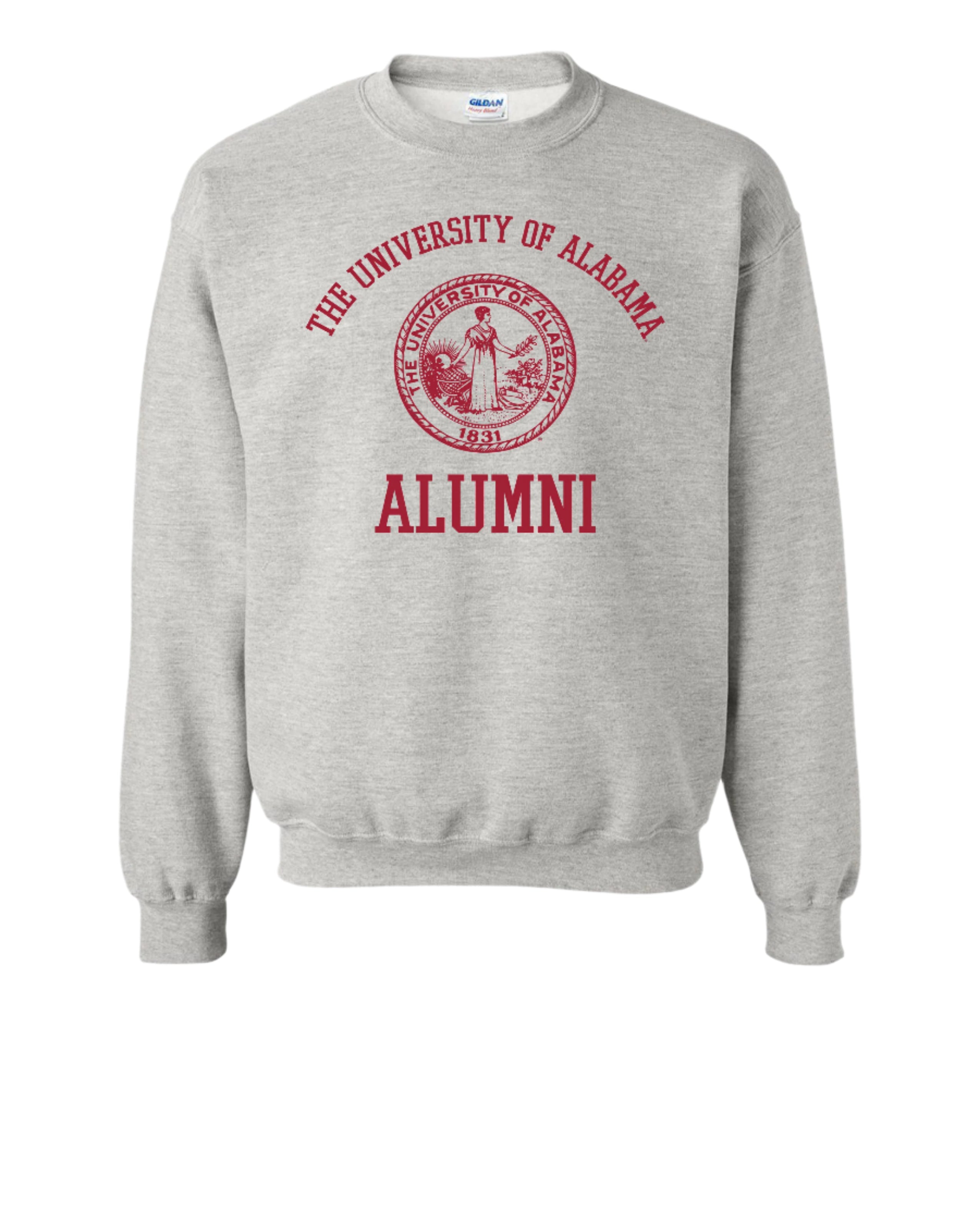 University of Alabama Light Grey Alumni Sweatshirt with Red text "University of Alabama" above the Red Alumni Seal and Red text "Alumni" below